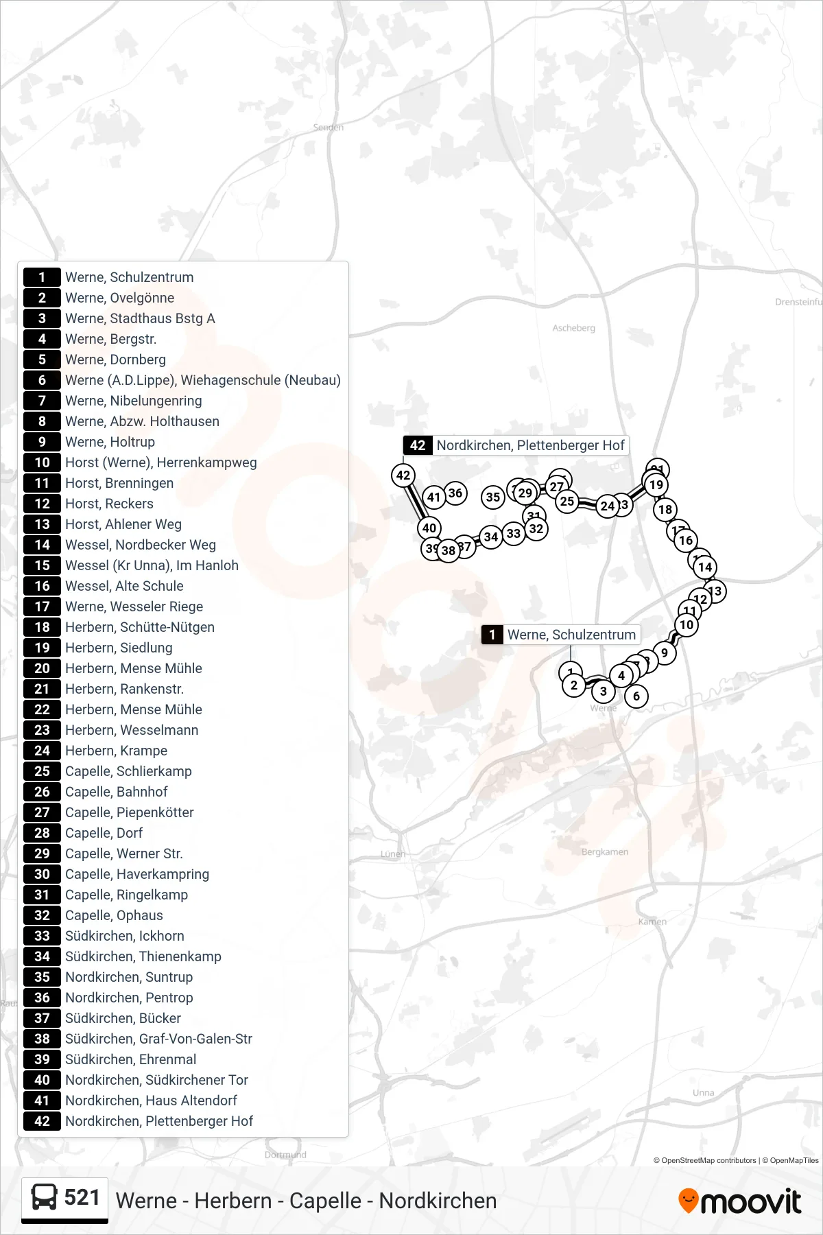 521 bus Line (Nordkirchen, Plettenberger Hof) route and stops on a map