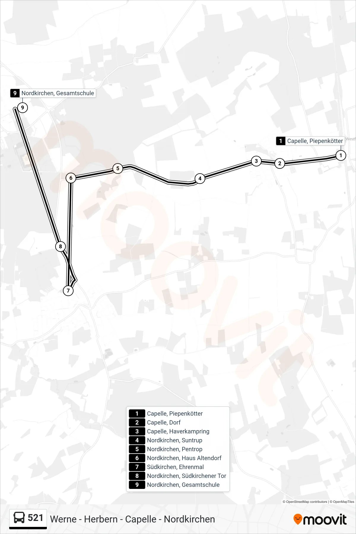 521 bus Line (Nordkirchen, Gesamtschule) route and stops on a map