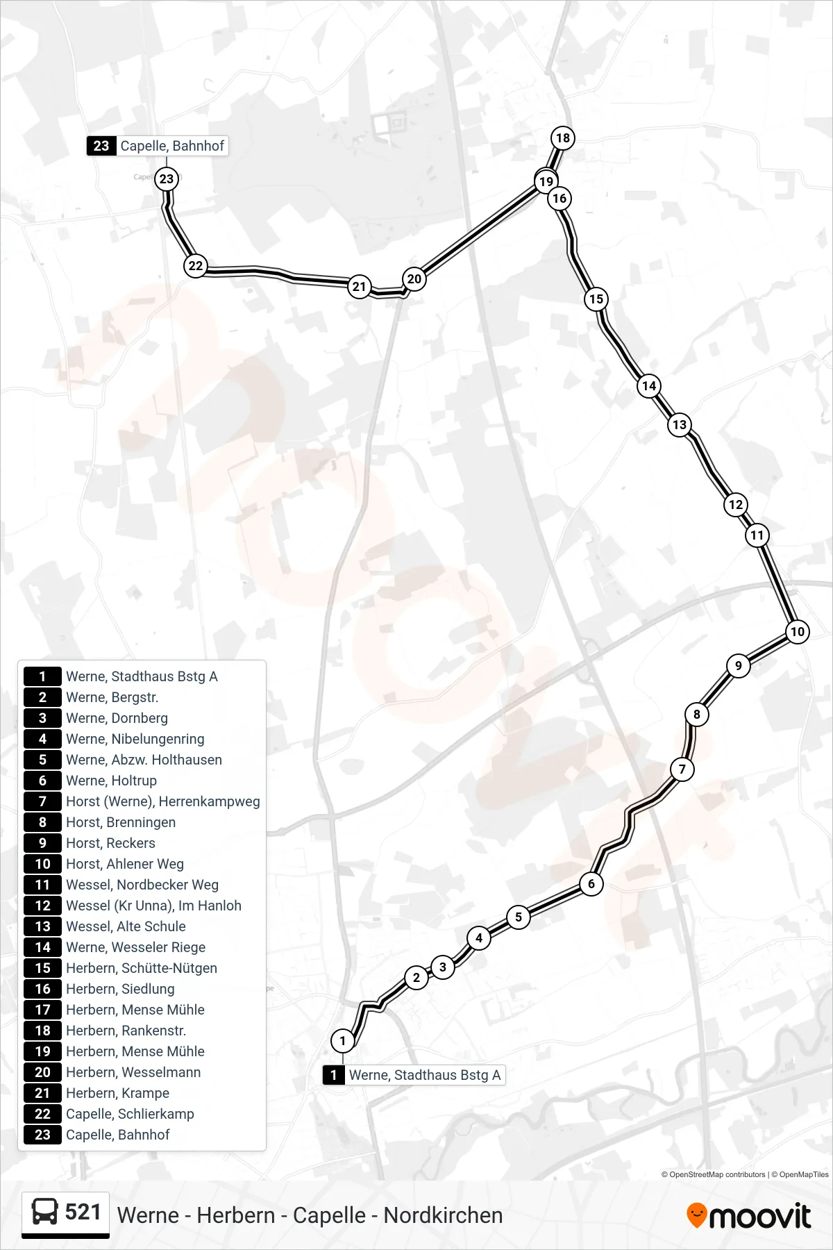 521 bus Line (Capelle, Bahnhof) route and stops on a map