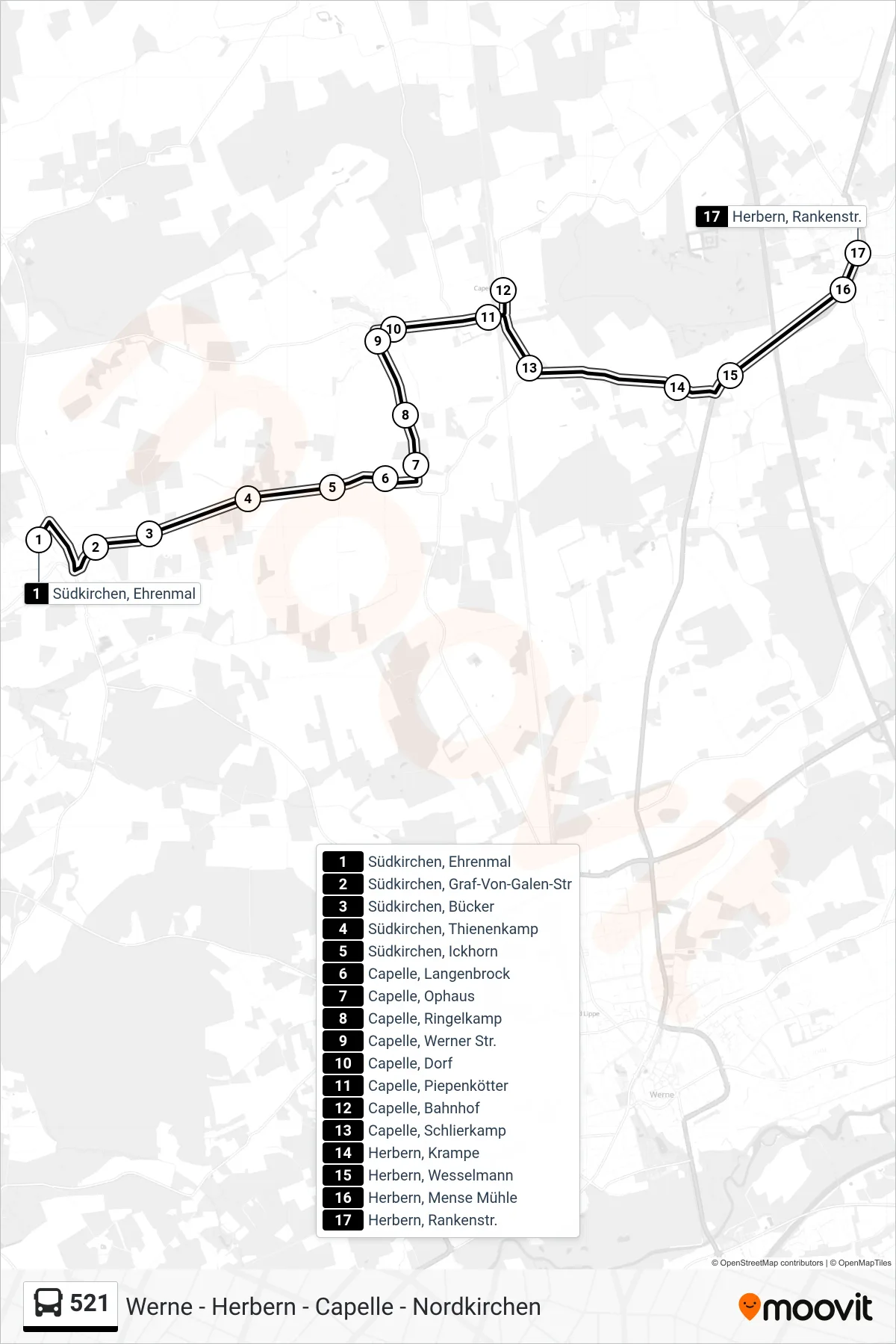 521 bus Line (Herbern, Rankenstr.) route and stops on a map