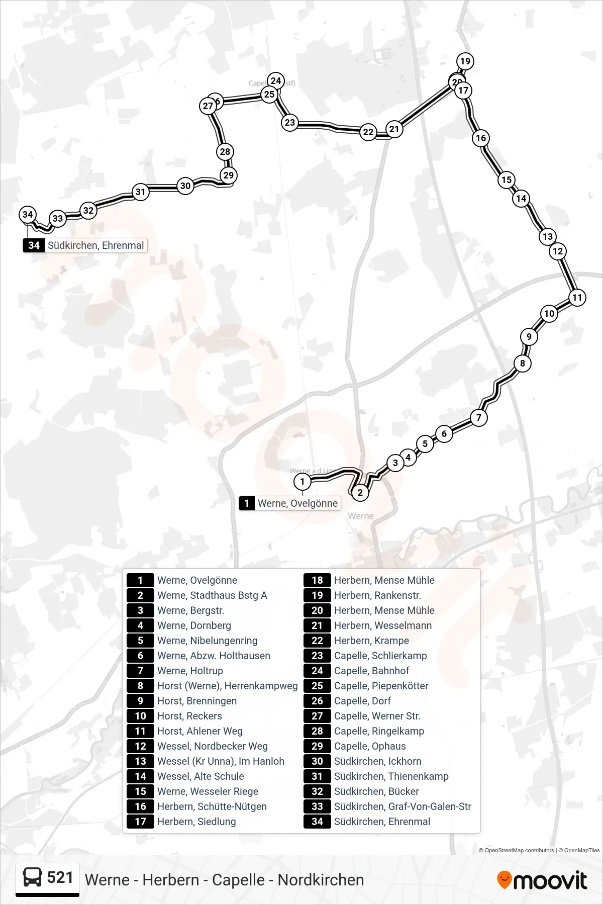 521 bus Line (Südkirchen, Ehrenmal) route and stops on a map