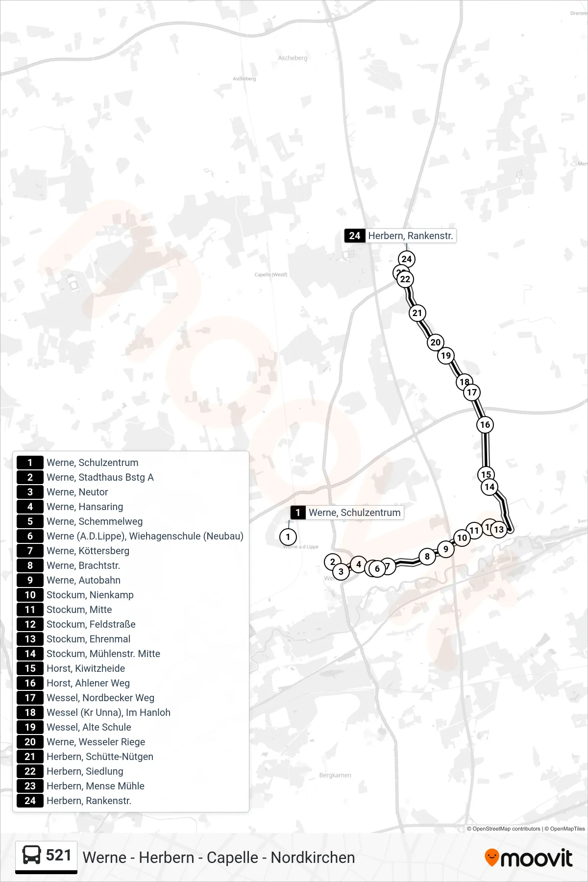 521 bus Line (Herbern, Rankenstr.) route and stops on a map