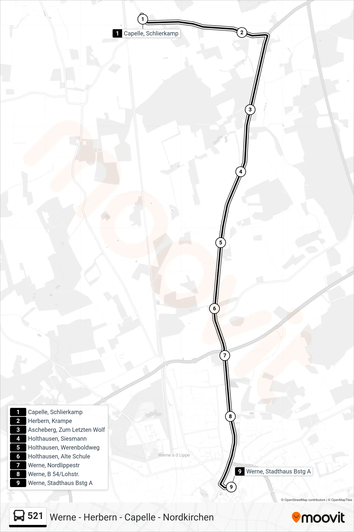 521 bus Line (Werne, Stadthaus Bstg A) route and stops on a map