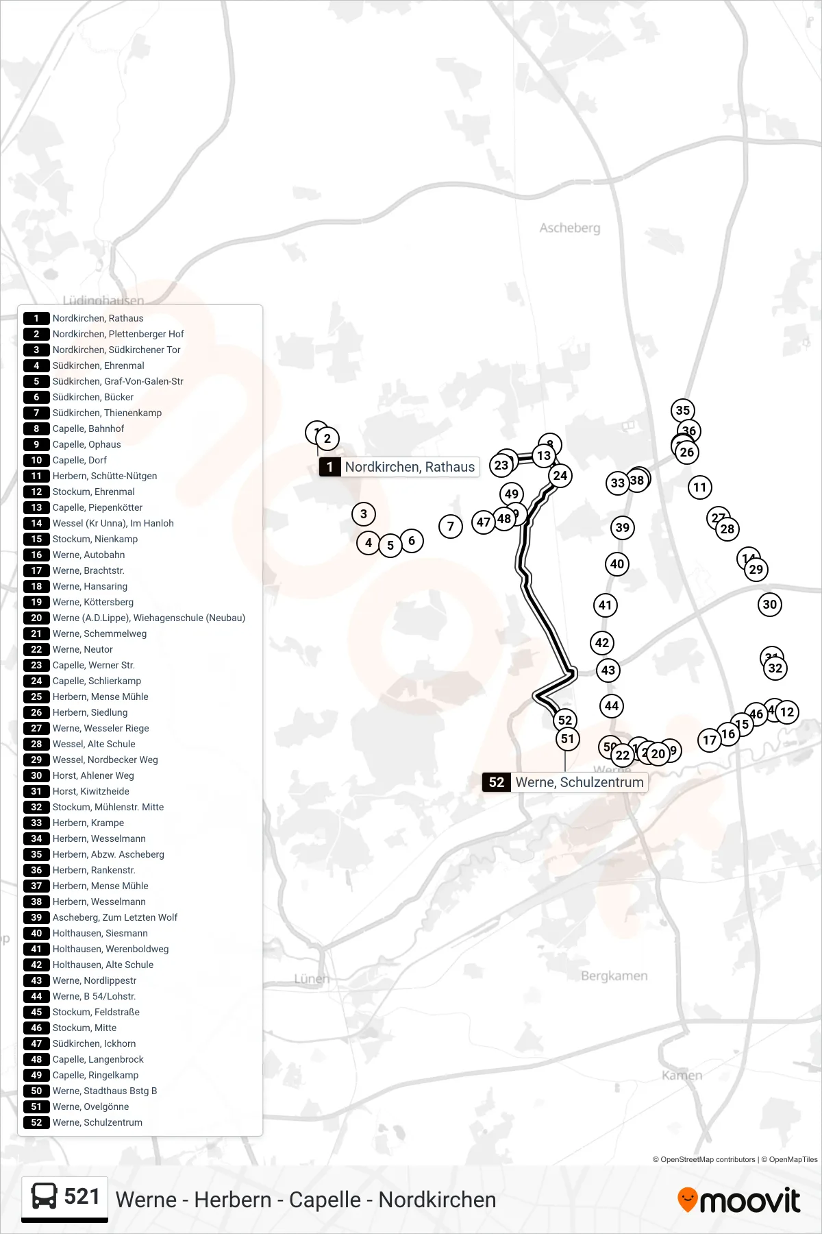 521 bus Line (Werne, Schulzentrum) route and stops on a map