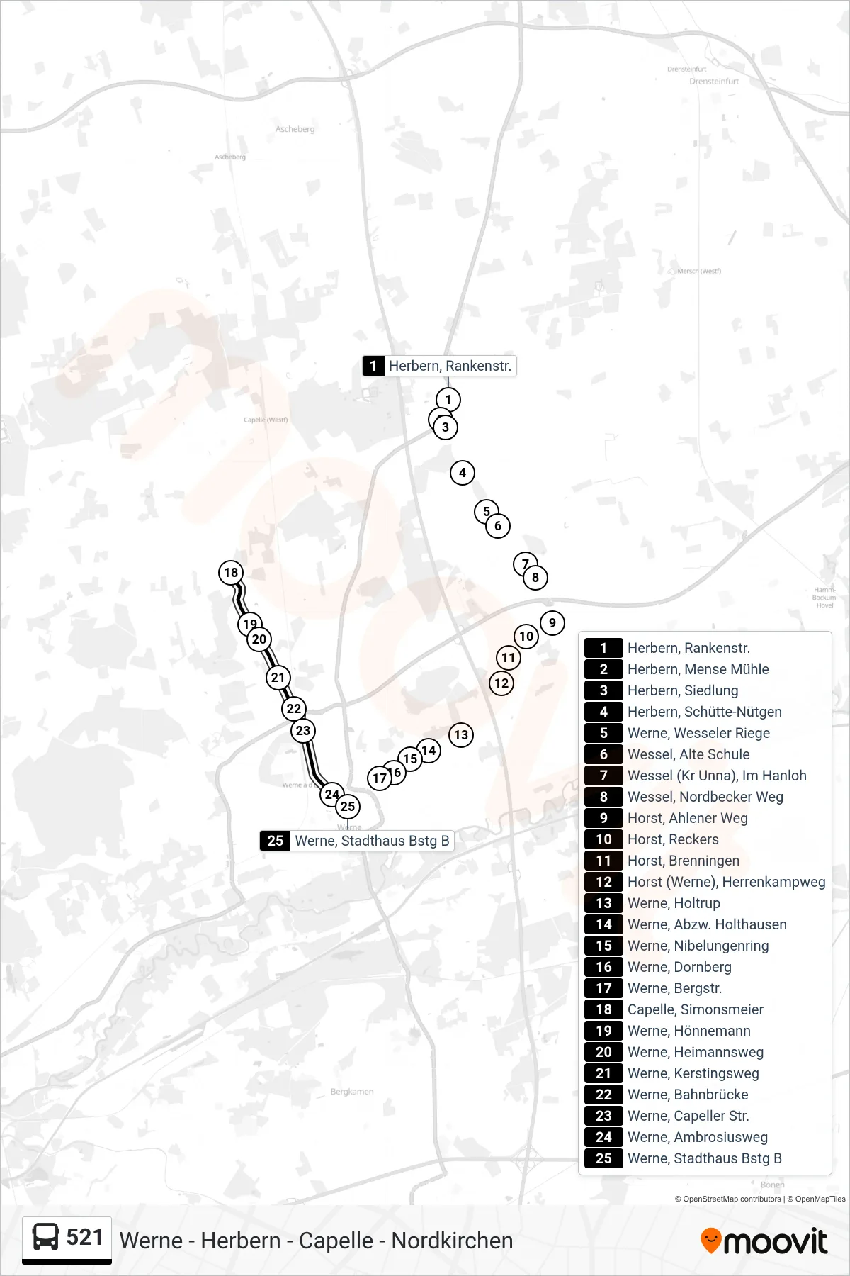 521 bus Line (Werne, Stadthaus Bstg B) route and stops on a map