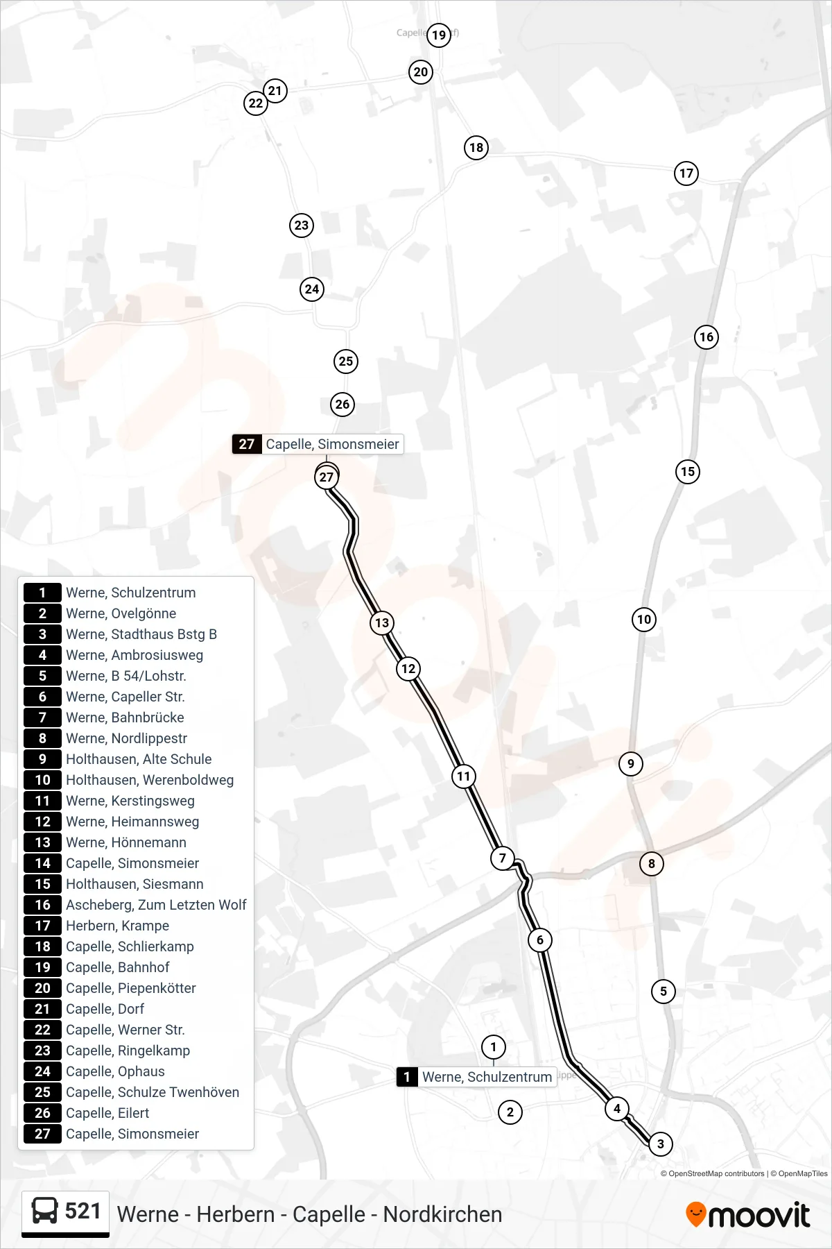Linie 521 (Bus) Richtung Capelle, Simonsmeier: Route und Haltestellen auf der Karte