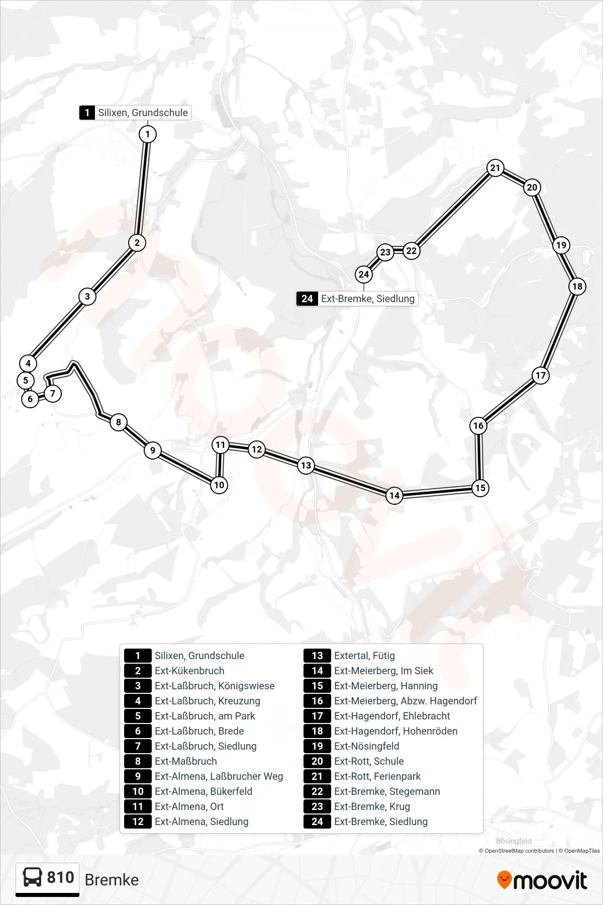 810 bus Line (Bremke) route and stops on a map