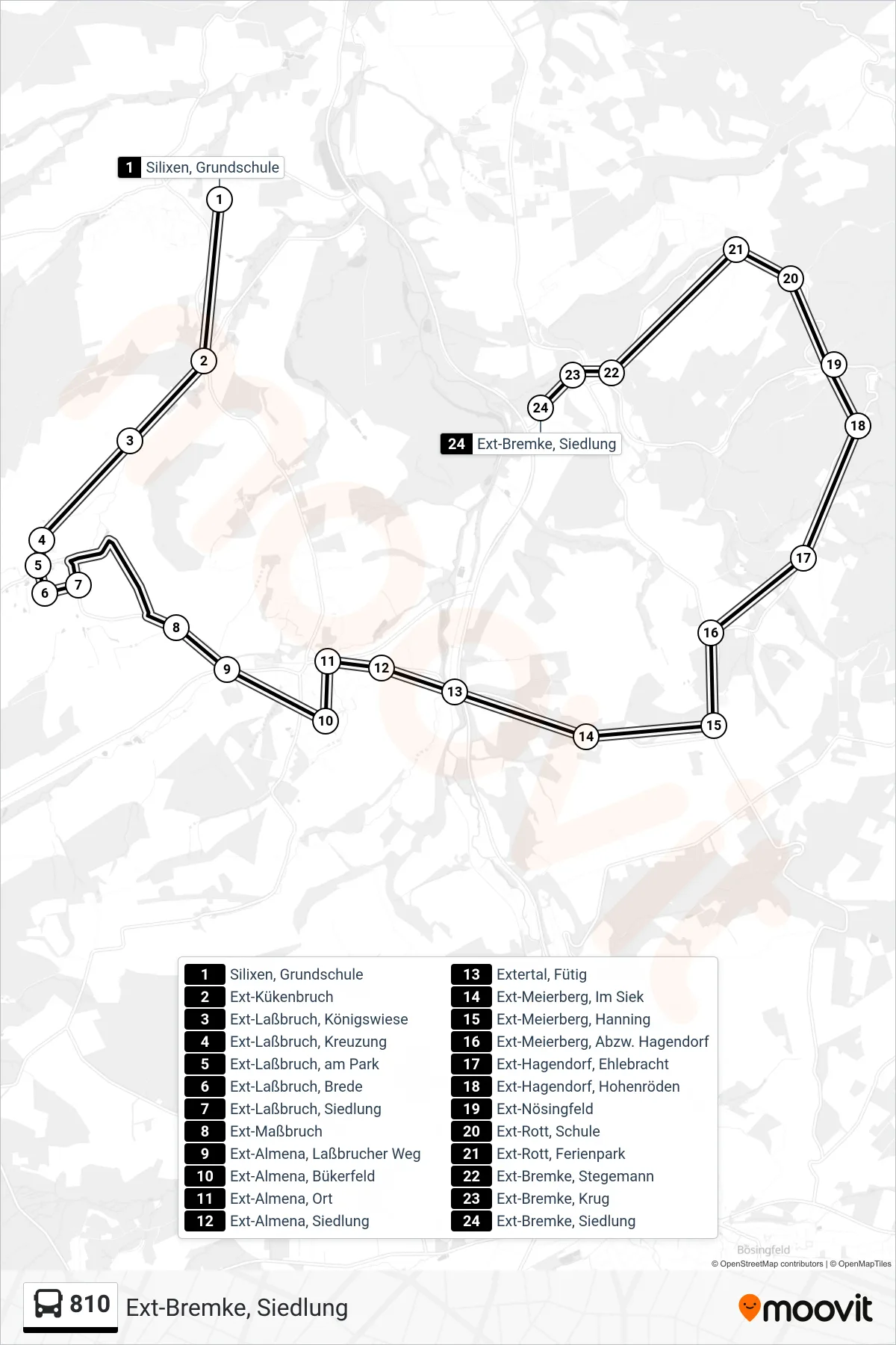 810 bus Line (Ext-Bremke, Siedlung) route and stops on a map