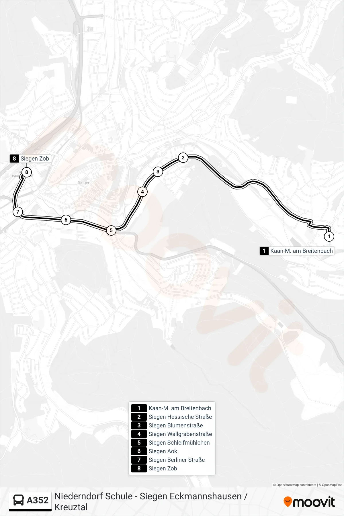 A352 bus Line (Siegen Zob Bstg E) route and stops on a map