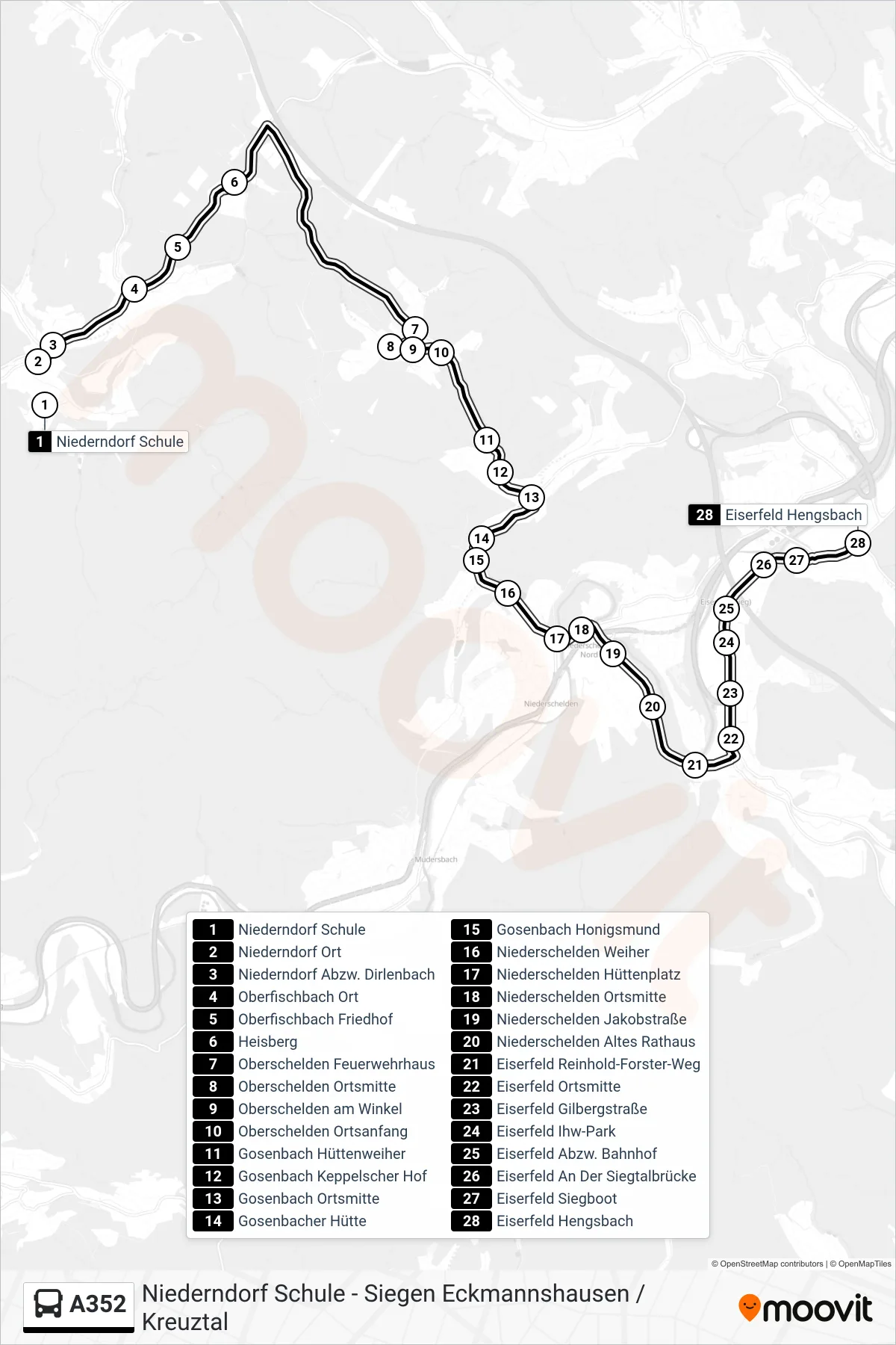 A352 bus Line (Eiserfeld Hengsbach) route and stops on a map