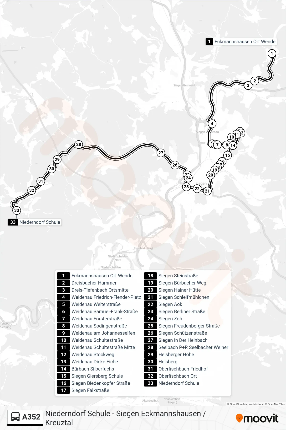 A352 bus Line (Niederndorf Schule) route and stops on a map