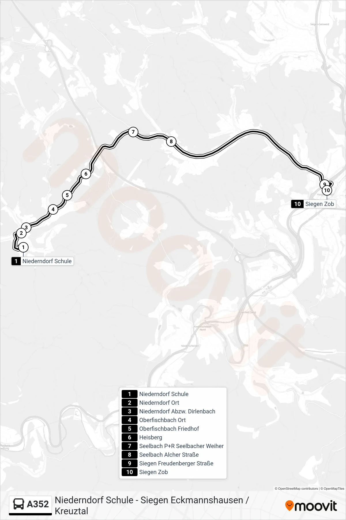 Linie A352 (Bus) Richtung Siegen Zob Bstg B: Route und Haltestellen auf der Karte