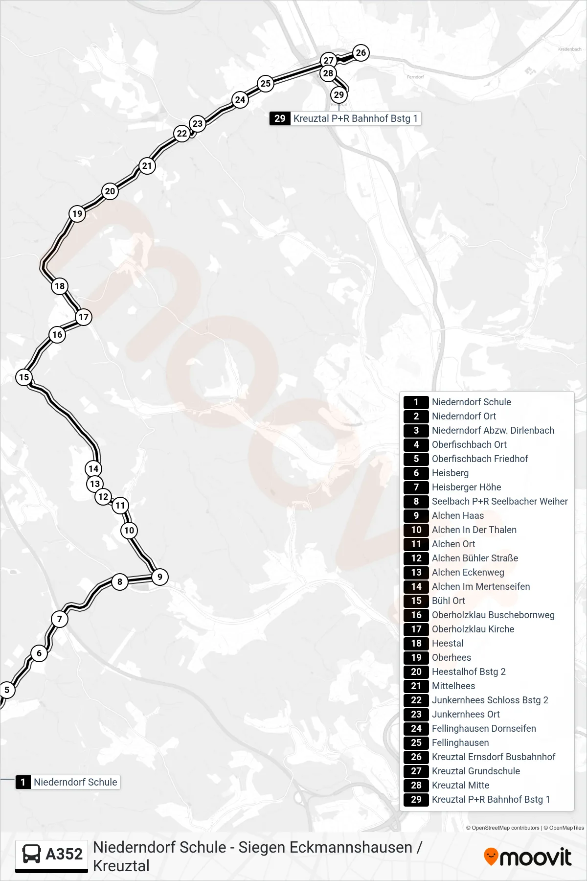 A352 bus Line (Kreuztal P+R Bahnhof Bstg 1) route and stops on a map