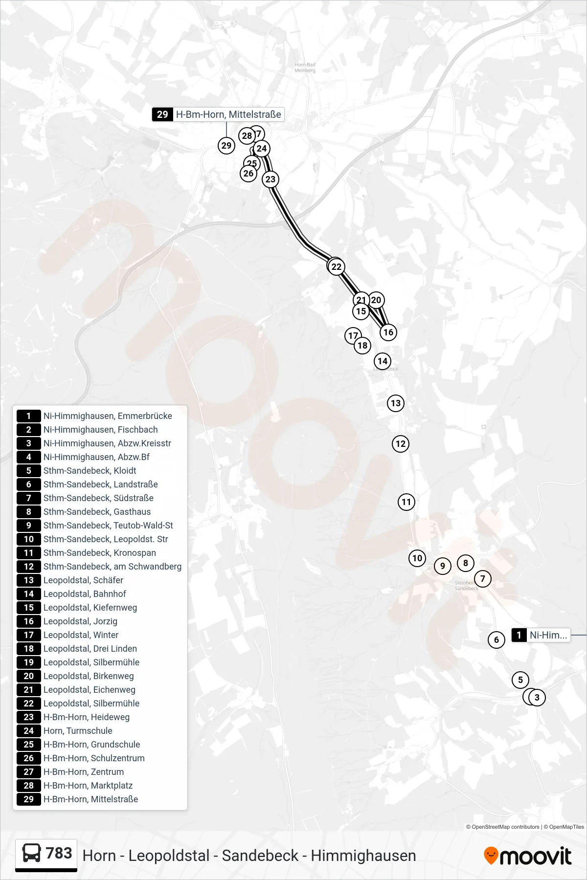 783 bus Line (Horn) route and stops on a map