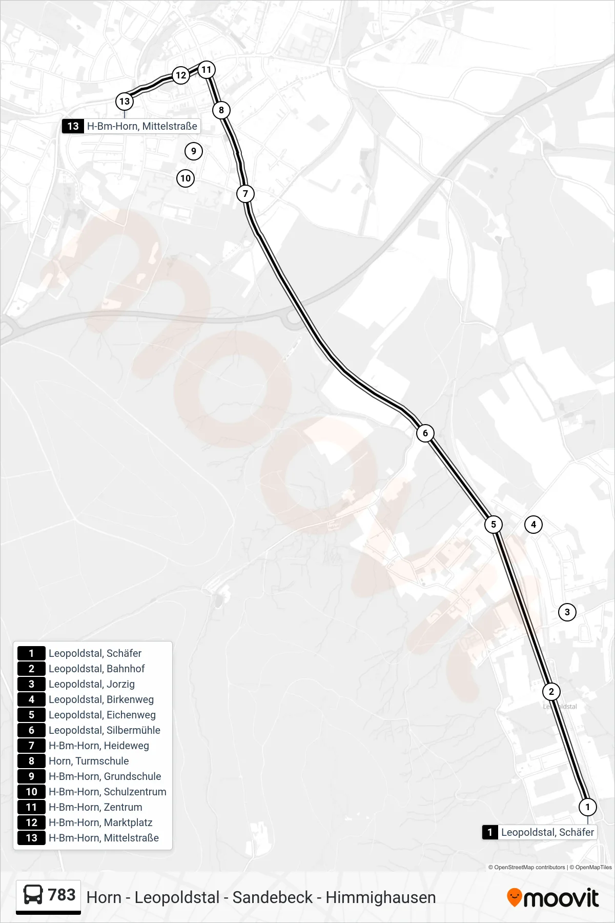 783 bus Line (H-Bm-Horn, Mittelstraße) route and stops on a map