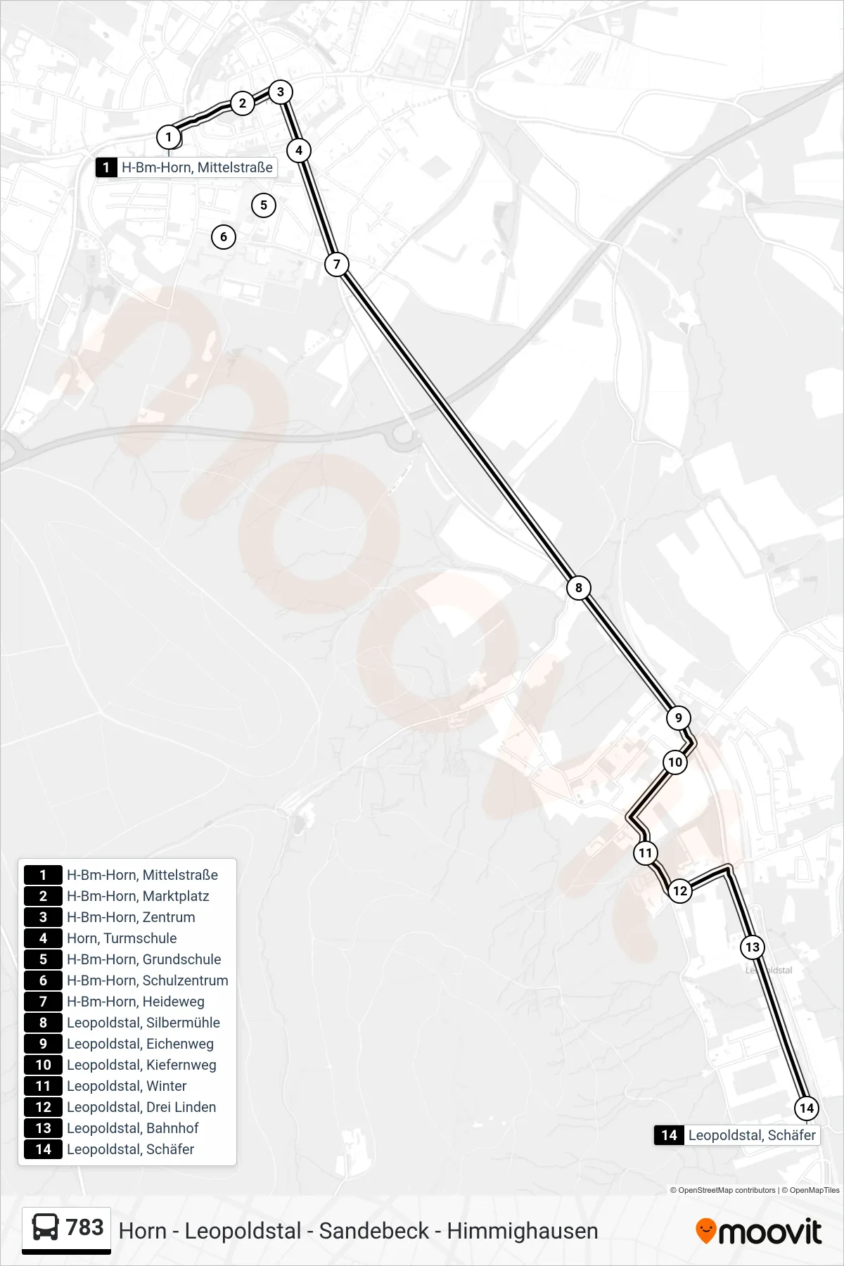783 bus Line (Leopoldstal, Schäfer) route and stops on a map