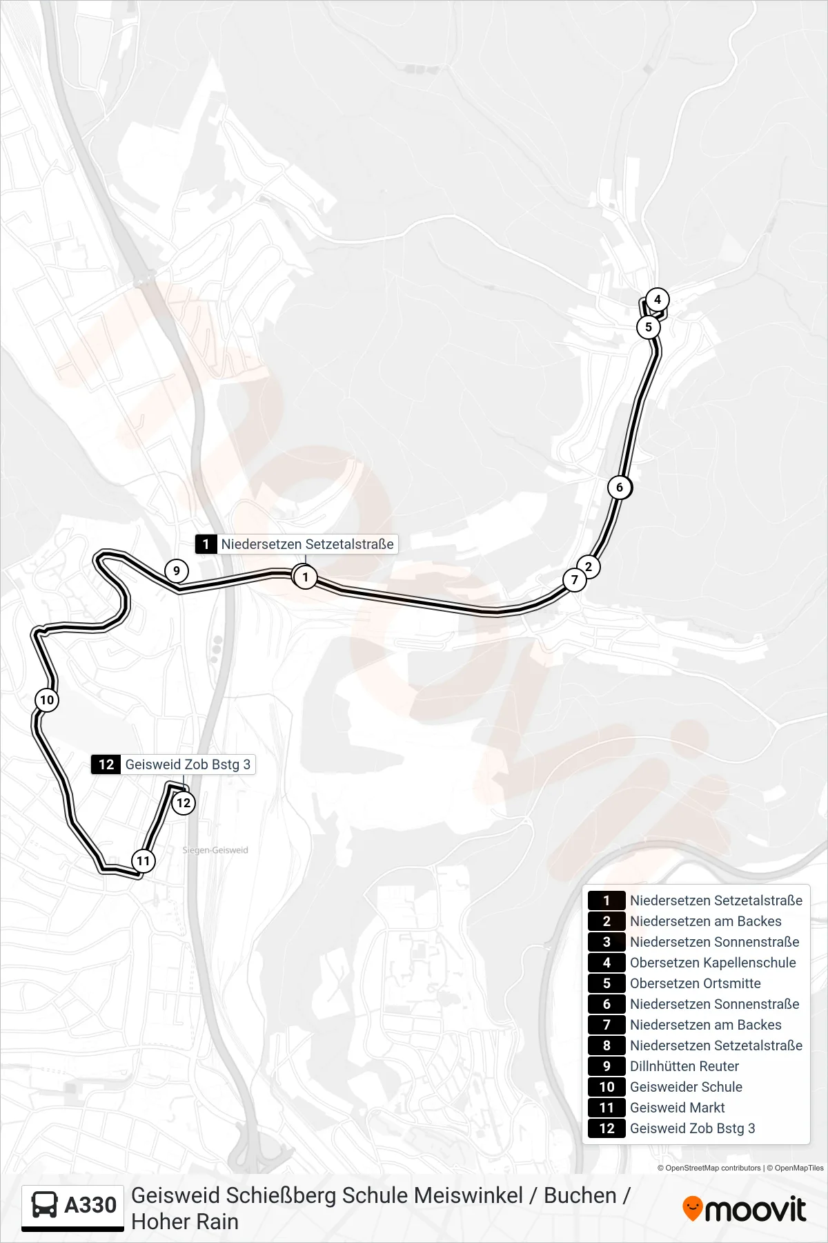 A330 bus Line (Geisweid Zob Bstg 3) route and stops on a map