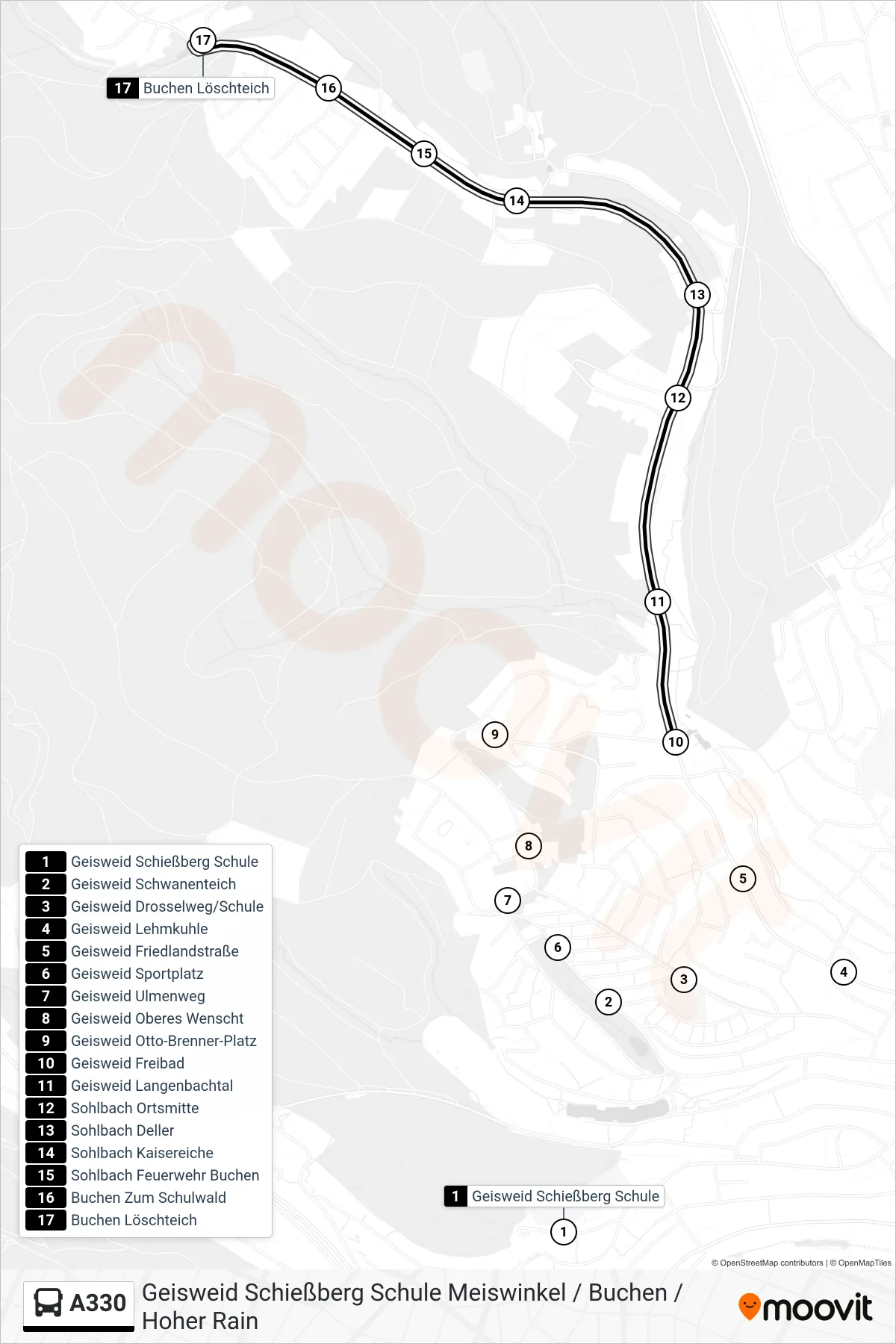 A330 bus Line (Buchen Löschteich) route and stops on a map