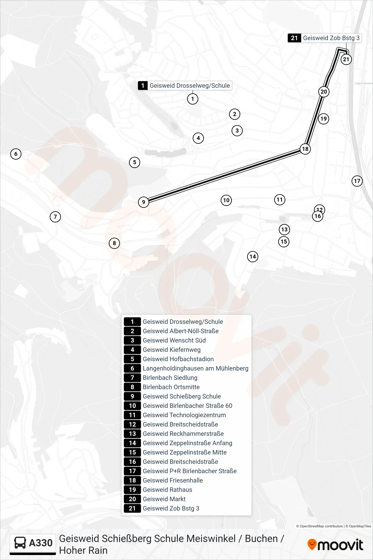 A330 bus Line (Geisweid Zob Bstg 3) route and stops on a map