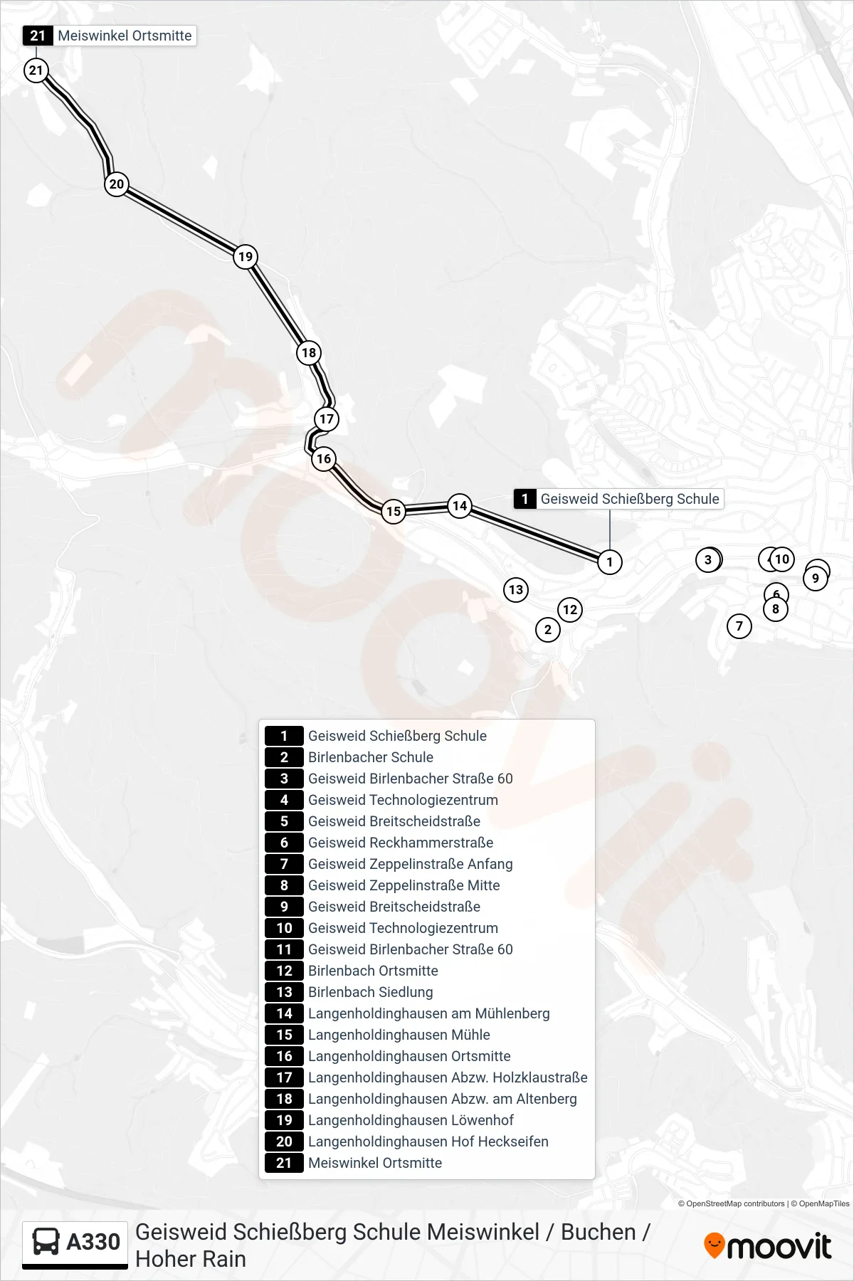A330 bus Line (Meiswinkel Ortsmitte) route and stops on a map