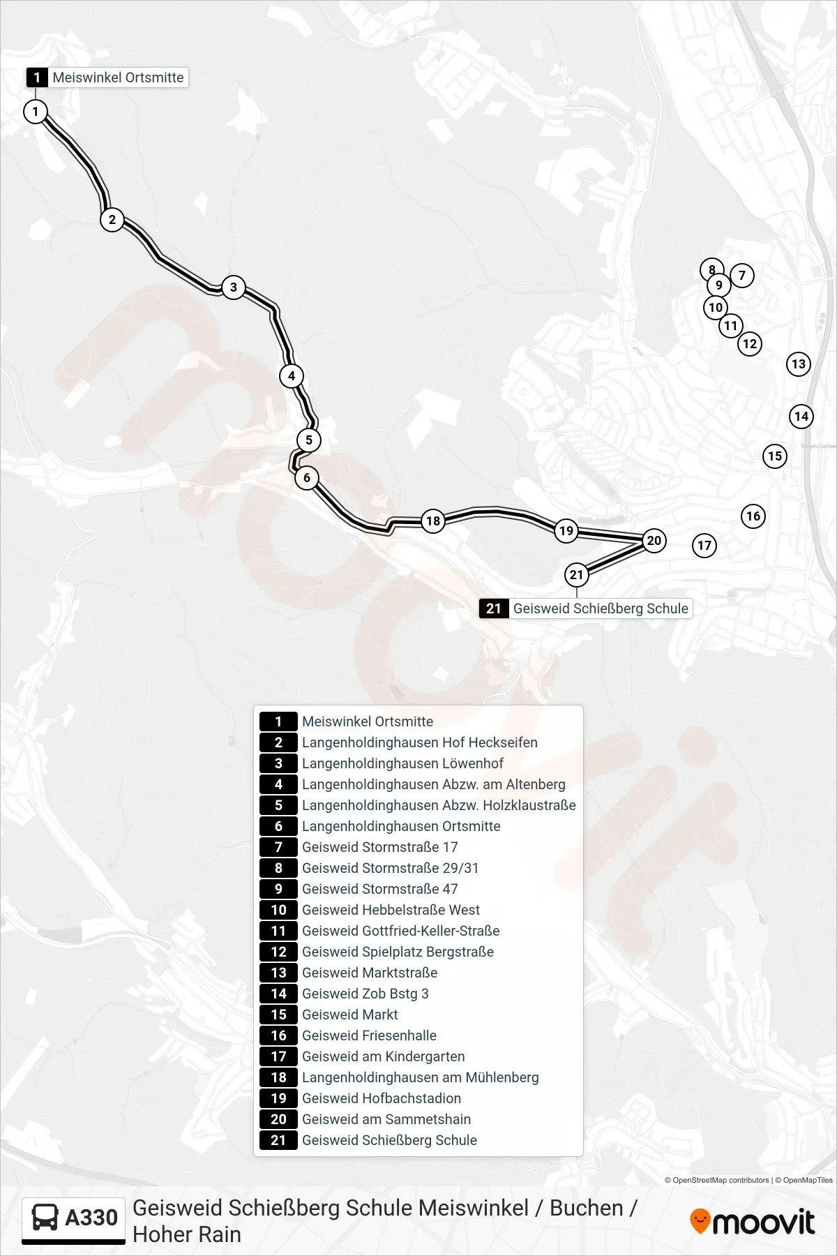 A330 bus Line (Geisweid Schießberg Schule) route and stops on a map