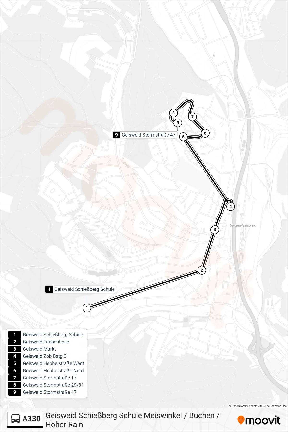 A330 bus Line (Geisweid Stormstraße 47) route and stops on a map