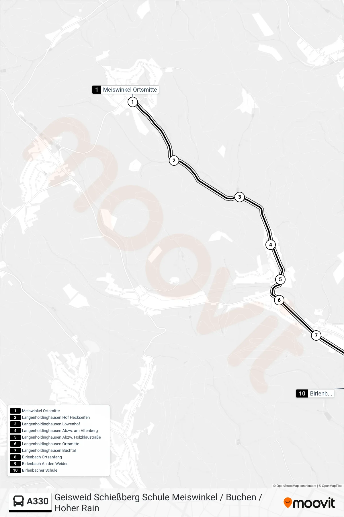 A330 bus Line (Birlenbacher Schule) route and stops on a map