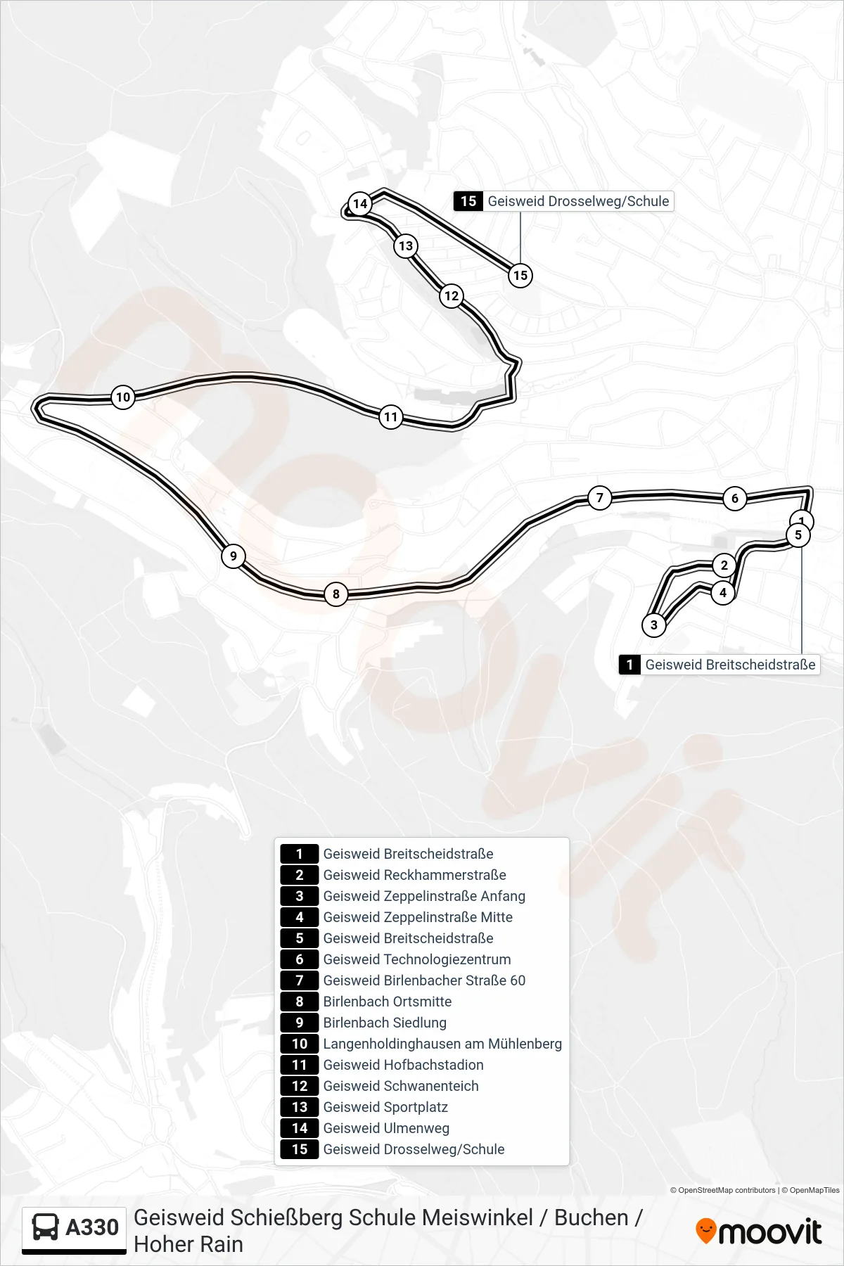 A330 bus Line (Geisweid Drosselweg/Schule) route and stops on a map