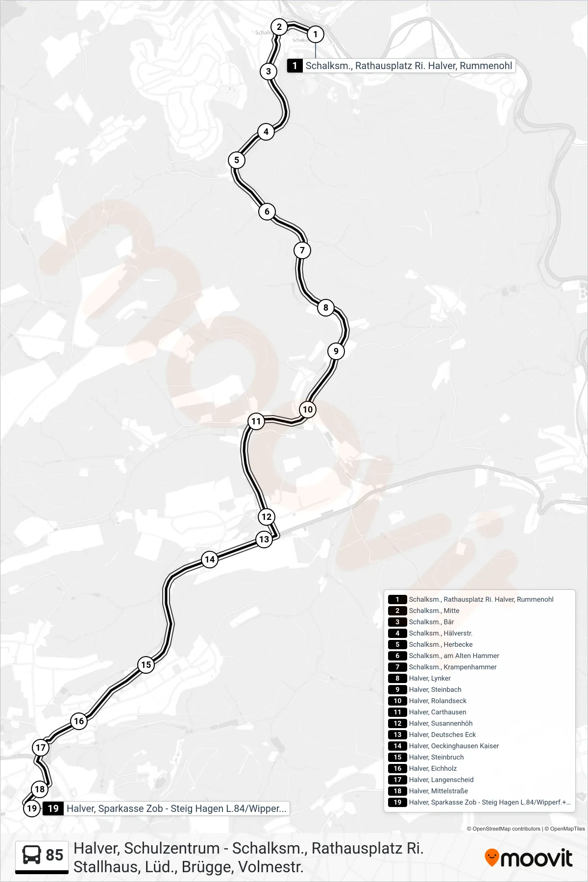 Linie 85 (Bus) Richtung Halver, Sparkasse Zob - Steig Hagen L.84/Wipperf.+Schulz. L.55: Route und Haltestellen auf der Karte