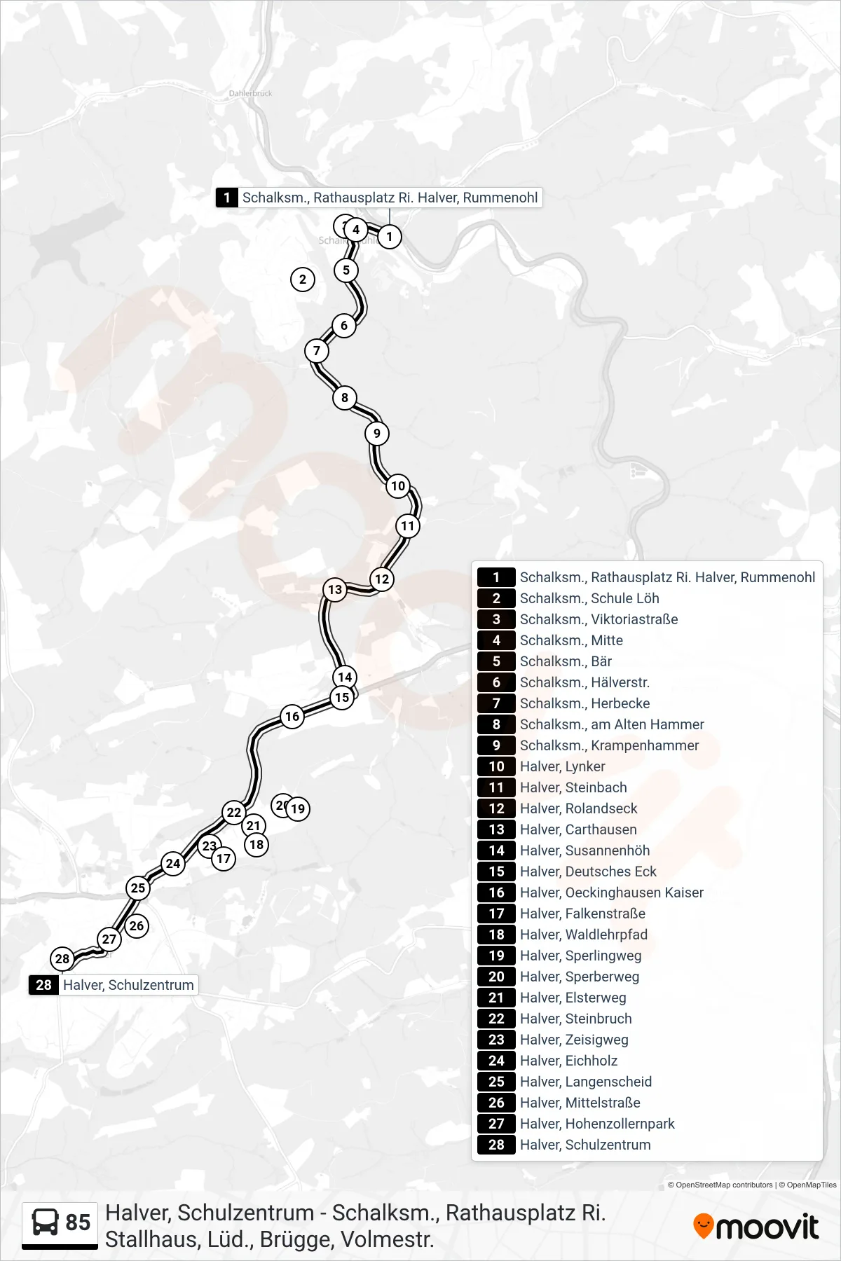 85 bus Line (Halver, Schulzentrum) route and stops on a map