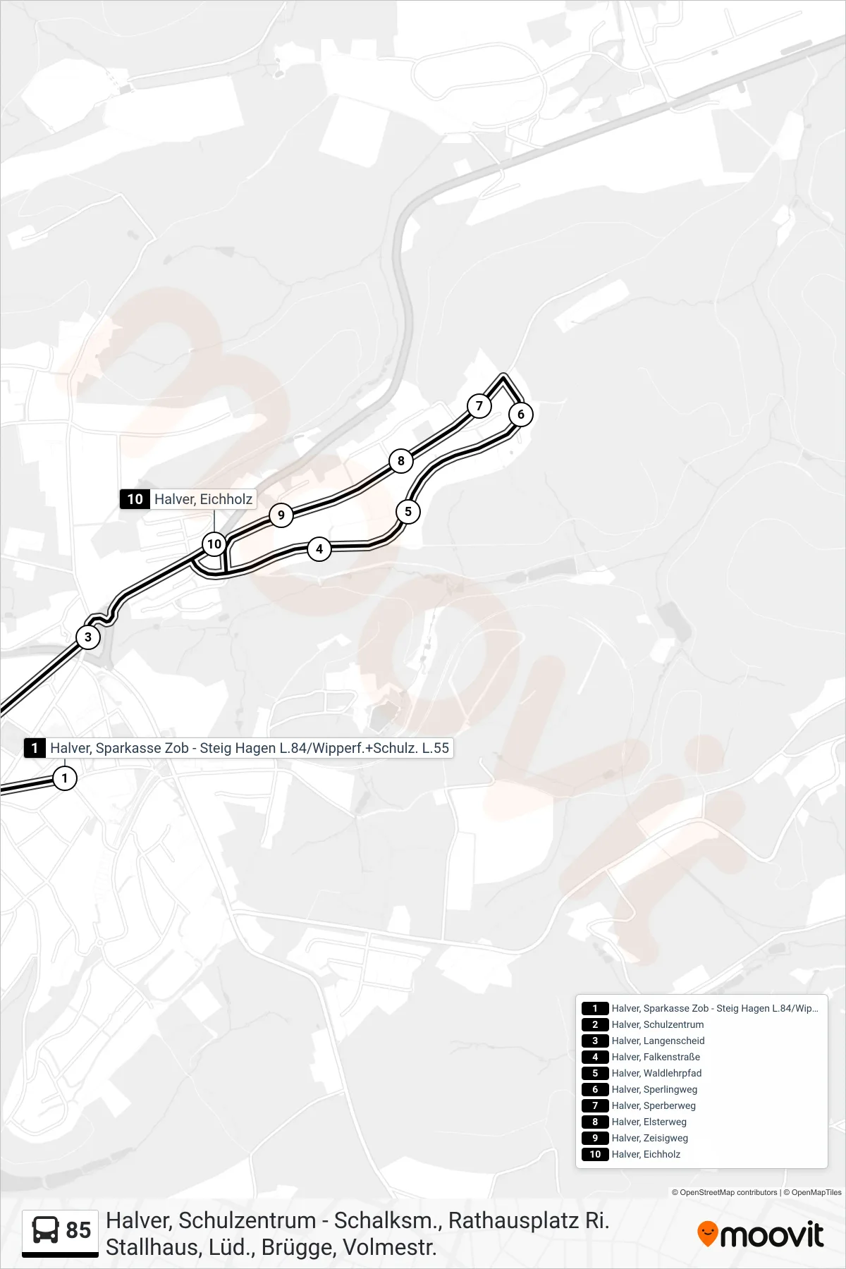 85 bus Line (Halver, Eichholz) route and stops on a map