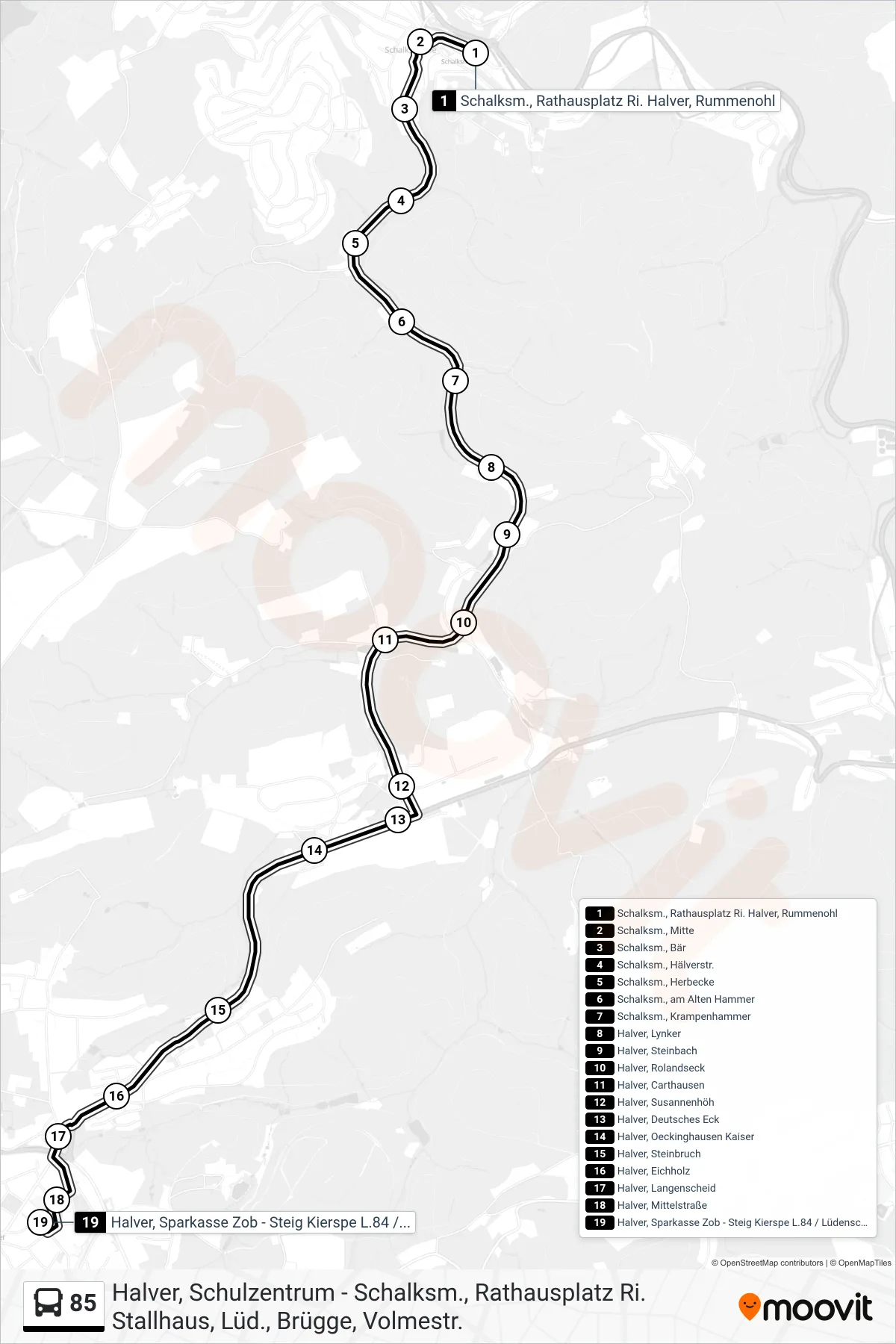 85 bus Line (Halver, Sparkasse Zob - Steig Kierspe L.84 / Lüdenscheid L.55) route and stops on a map