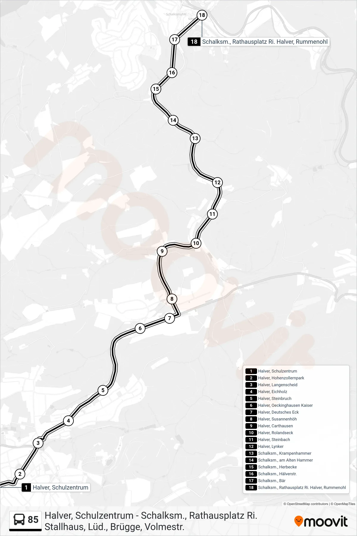 85 bus Line (Schalksm., Rathausplatz Ri. Halver, Rummenohl) route and stops on a map