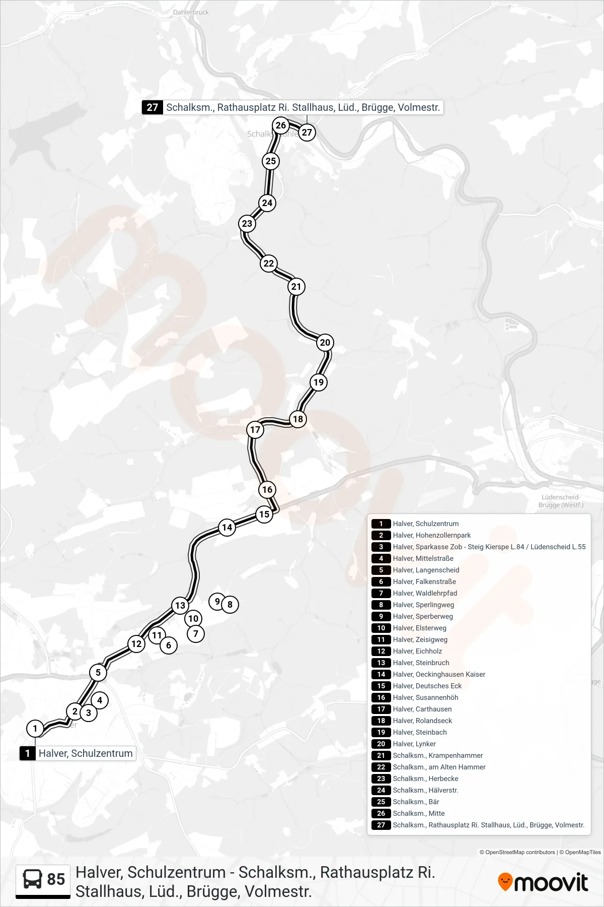 85 bus Line (Schalksm., Rathausplatz Ri. Stallhaus, Lüd., Brügge, Volmestr.) route and stops on a map