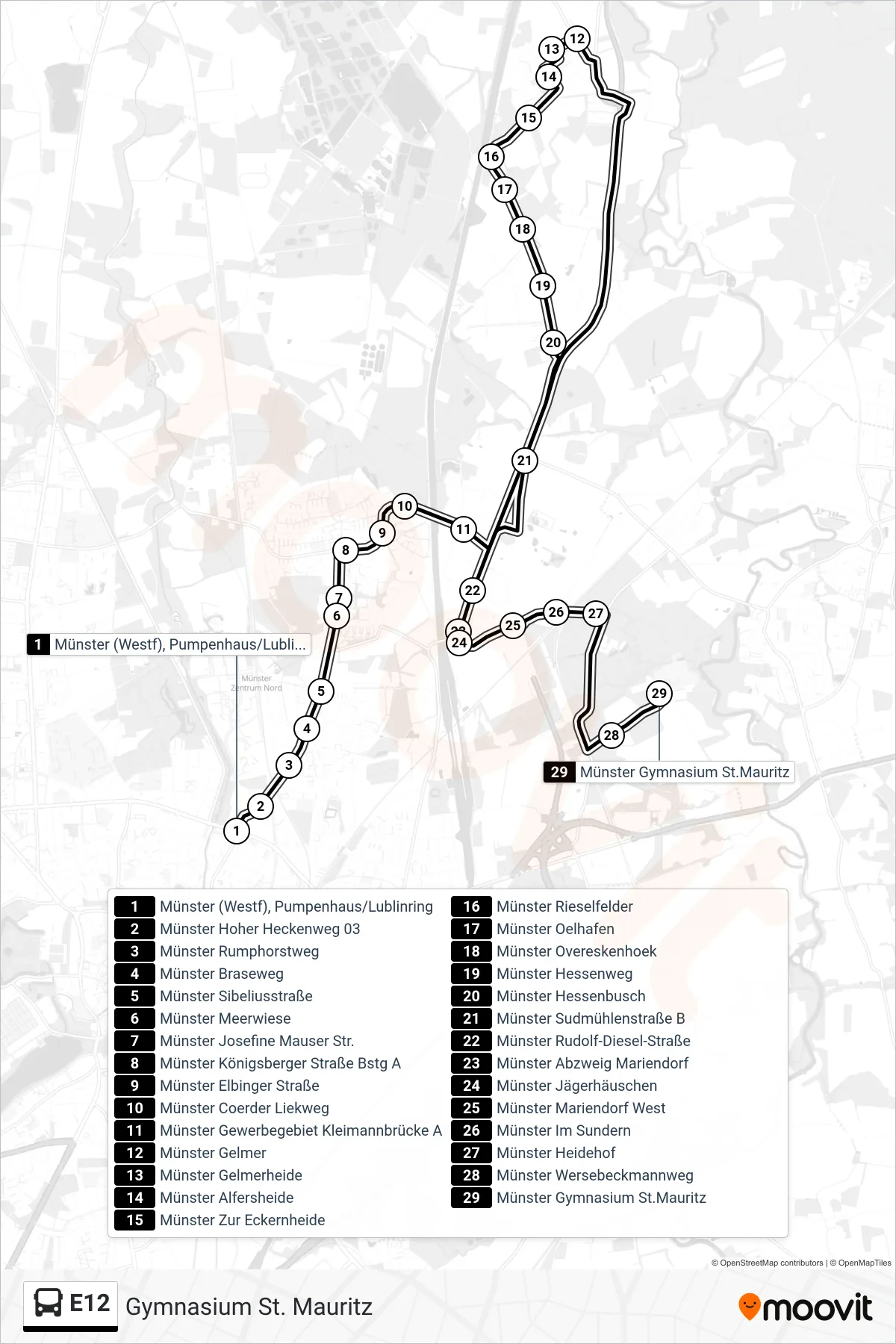 Linie E12 (Bus) Richtung Gymnasium St. Mauritz: Route und Haltestellen auf der Karte