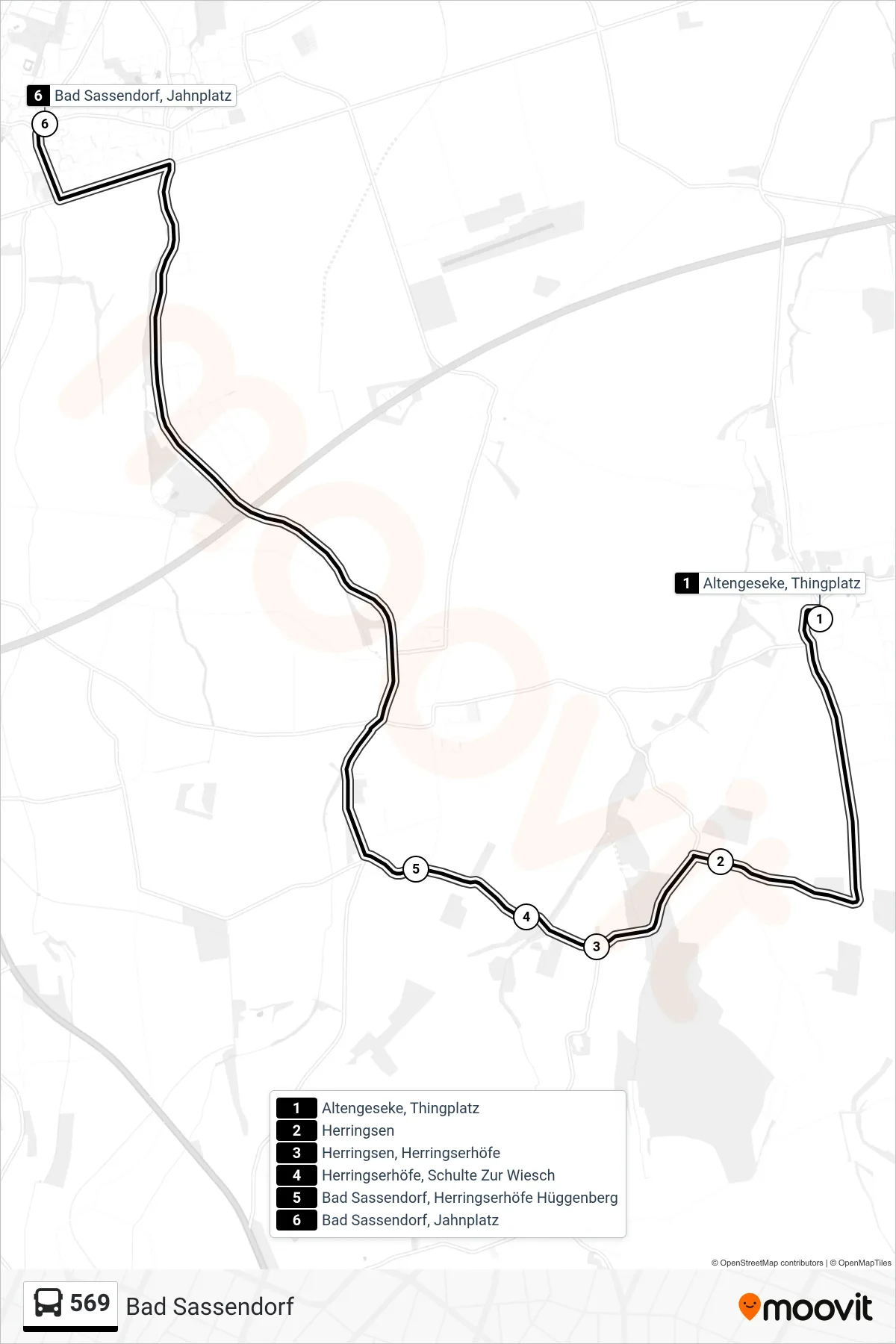 569 bus Line (Bad Sassendorf) route and stops on a map