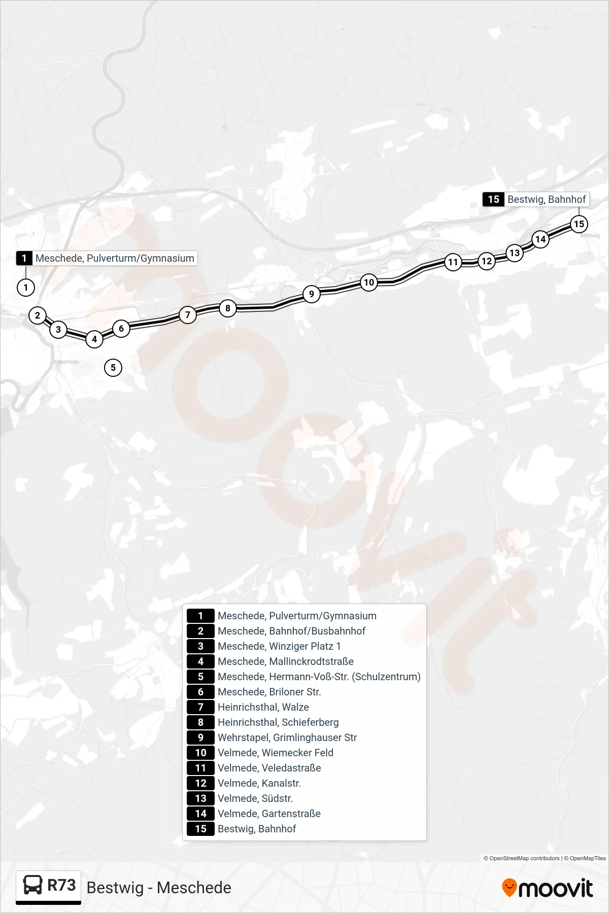 R73 bus Line (Bestwig, Bahnhof) route and stops on a map