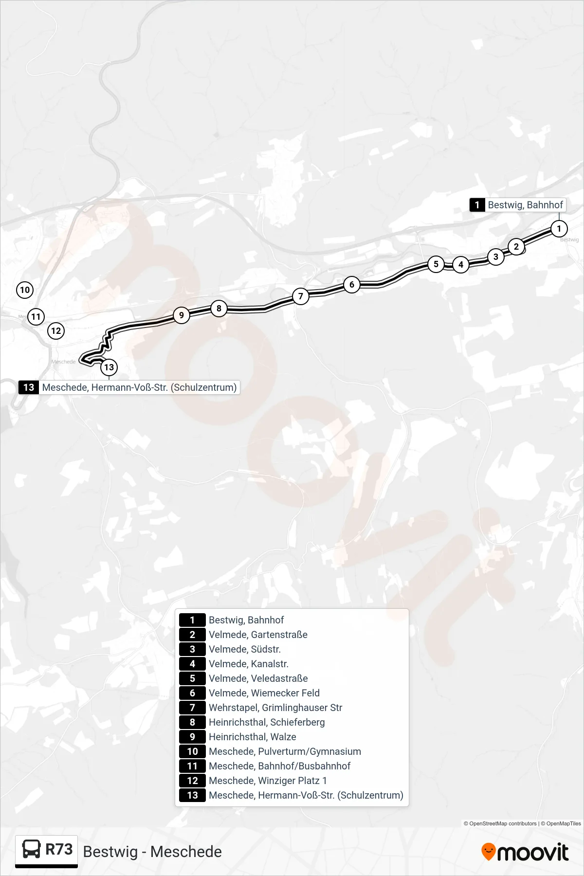 R73 bus Line (Meschede, Hermann-Voß-Str. (Schulzentrum)) route and stops on a map