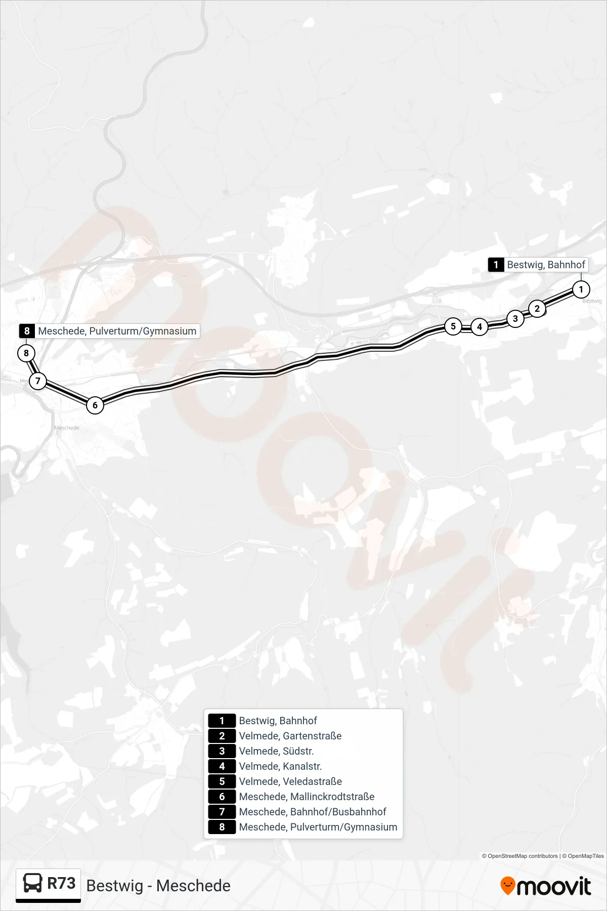 R73 bus Line (Meschede, Pulverturm/Gymnasium) route and stops on a map
