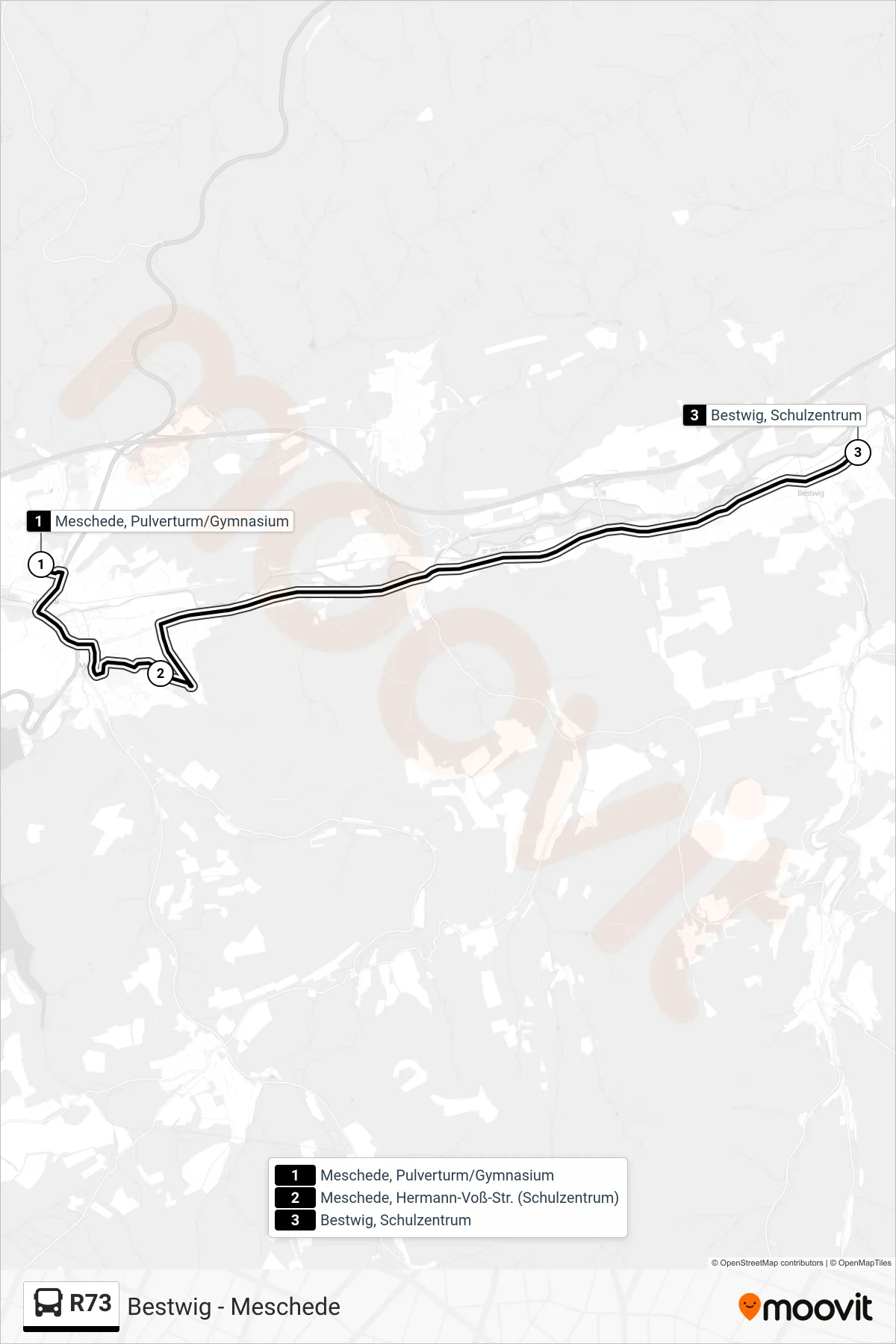 R73 bus Line (Bestwig, Schulzentrum) route and stops on a map
