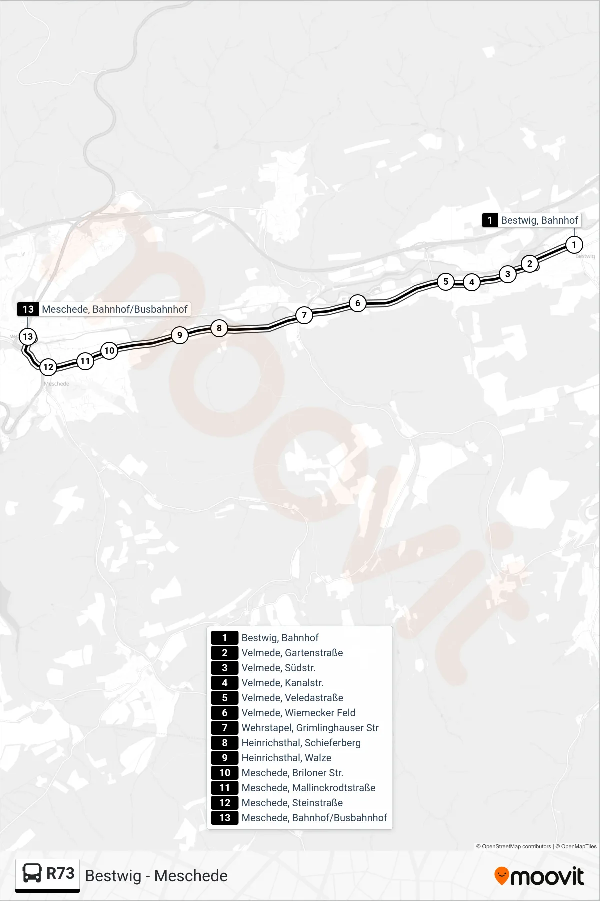 Linie R73 (Bus) Richtung Meschede, Bahnhof/Busbahnhof 5: Route und Haltestellen auf der Karte
