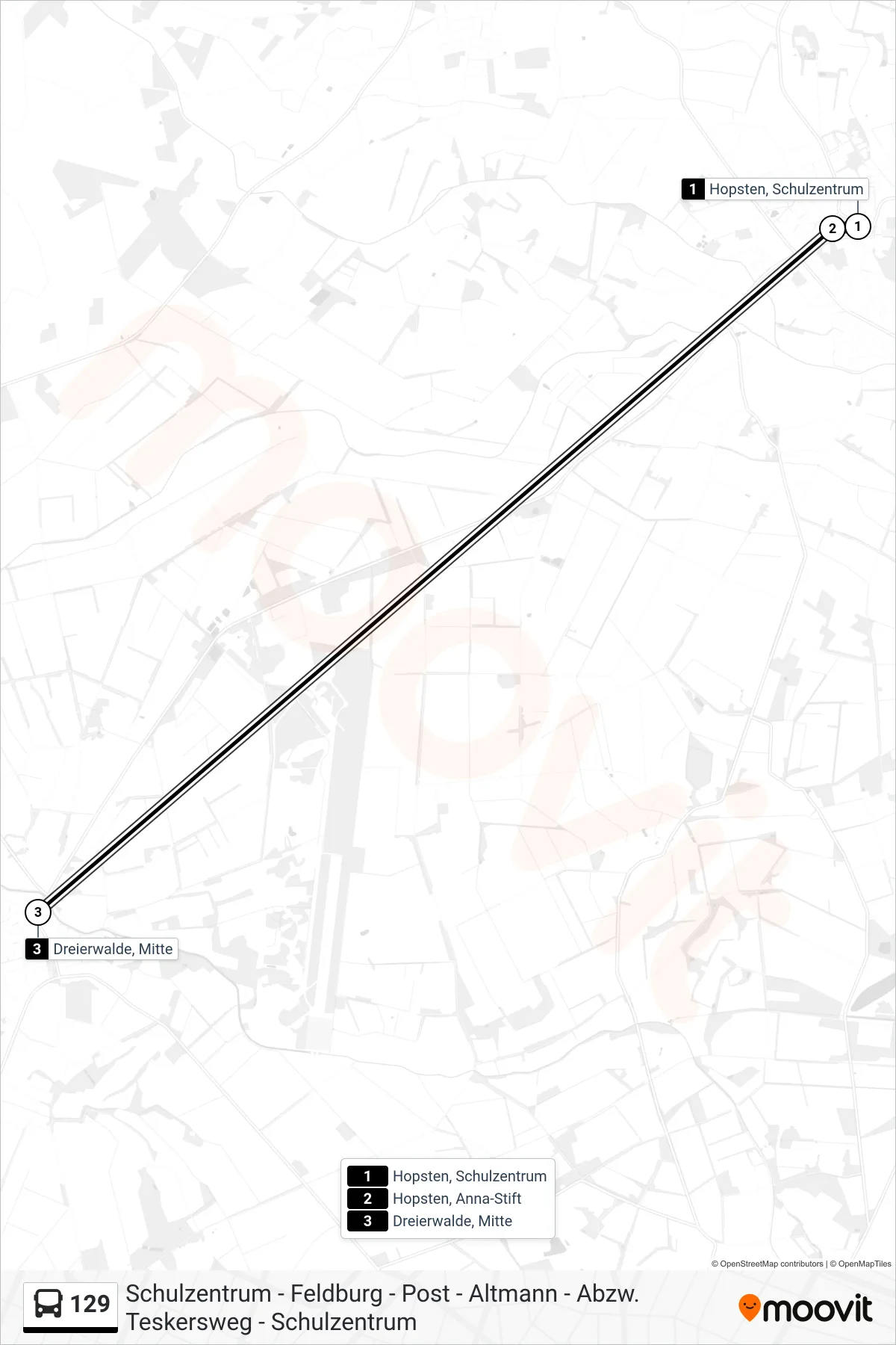 129 bus Line (Dreierwalde, Mitte) route and stops on a map