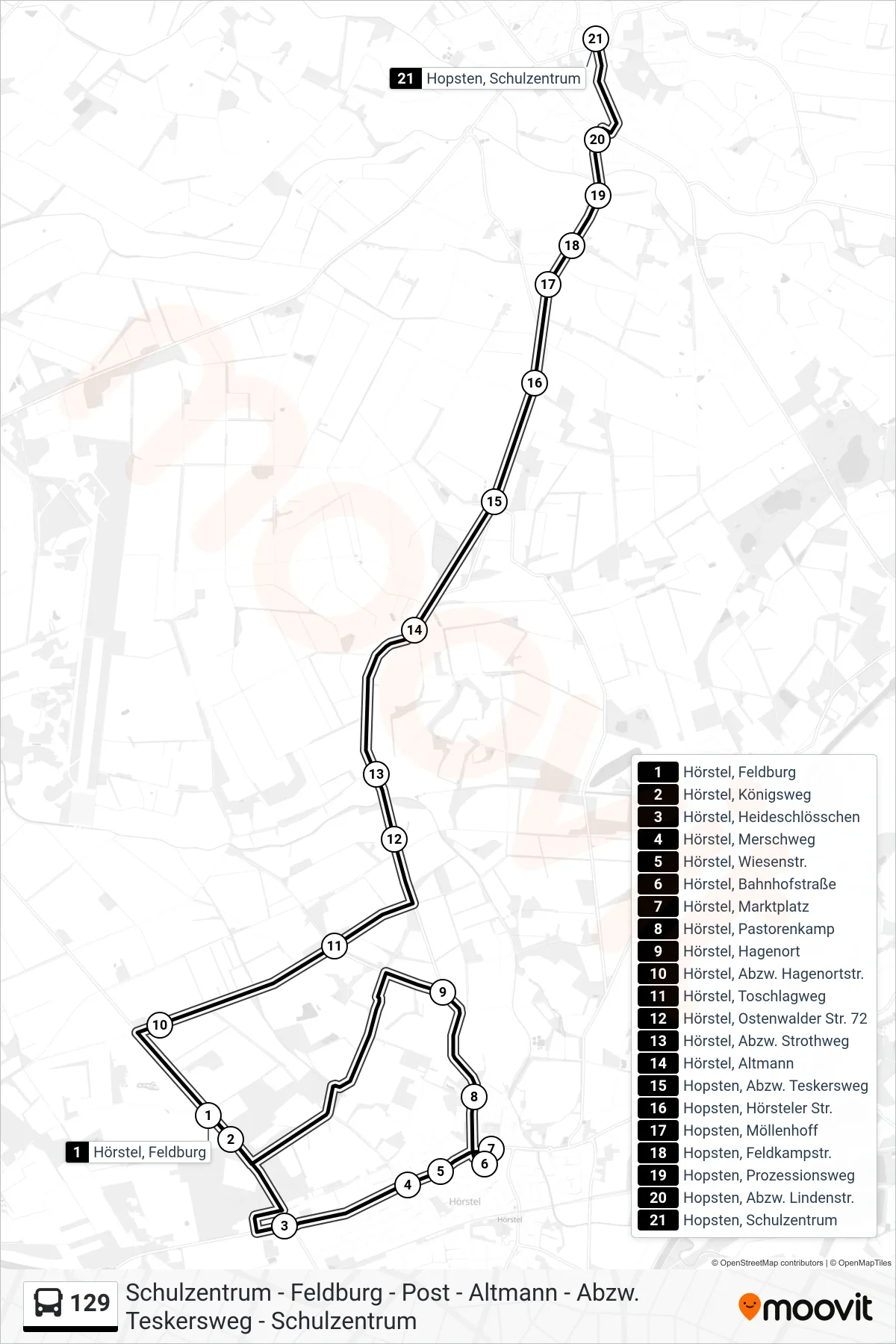 Linie 129 (Bus) Richtung Hopsten, Schulzentrum: Route und Haltestellen auf der Karte