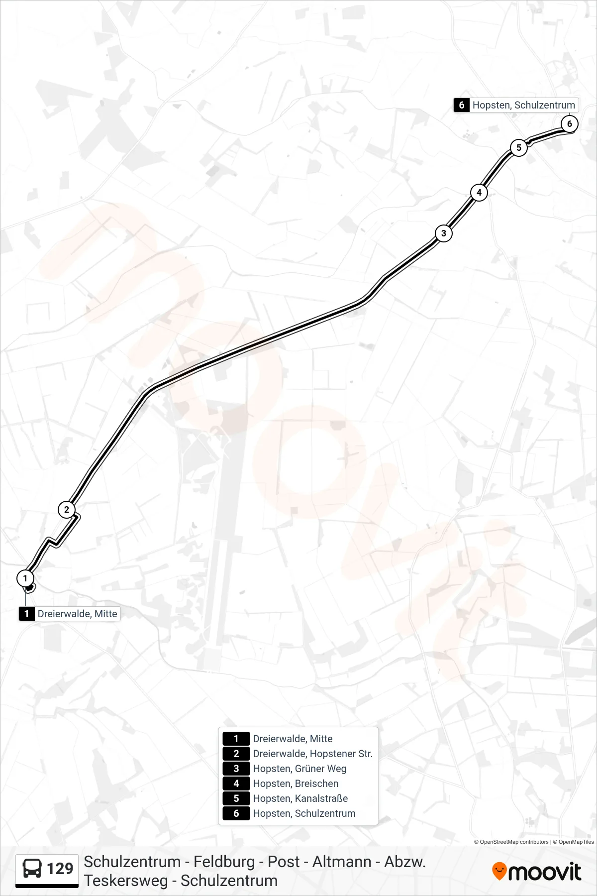 129 bus Line (Hopsten, Schulzentrum A) route and stops on a map