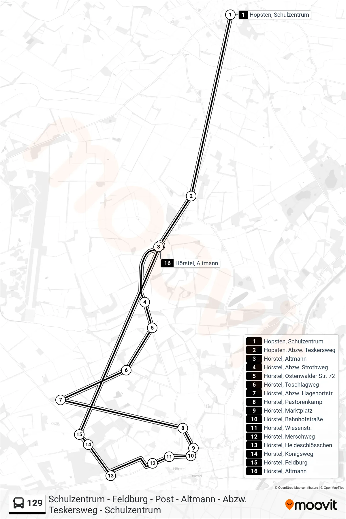 129 bus Line (Hörstel, Altmann) route and stops on a map