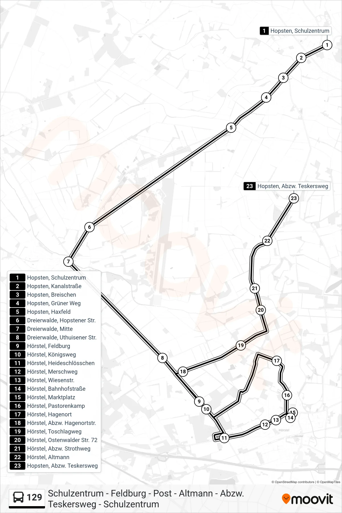 129 bus Line (Hopsten, Abzw. Teskersweg) route and stops on a map
