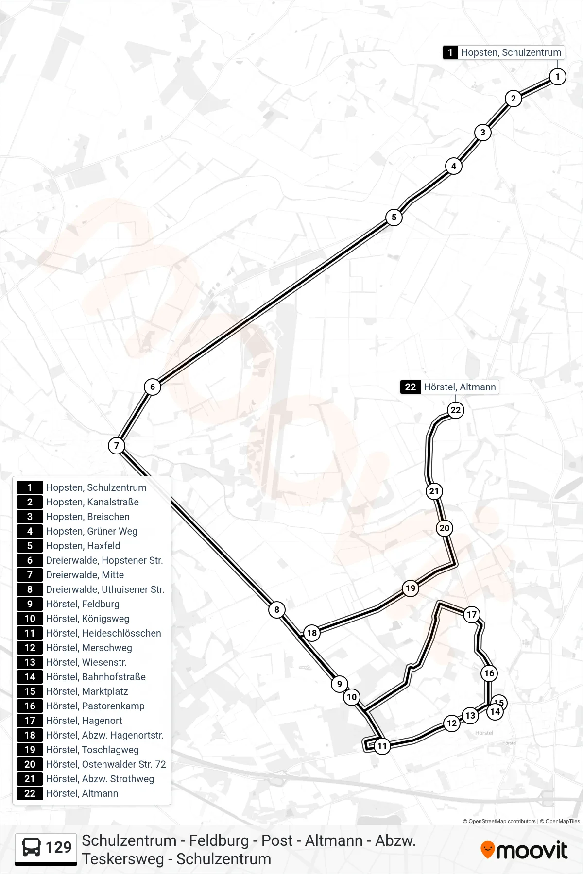129 bus Line (Hörstel, Altmann) route and stops on a map