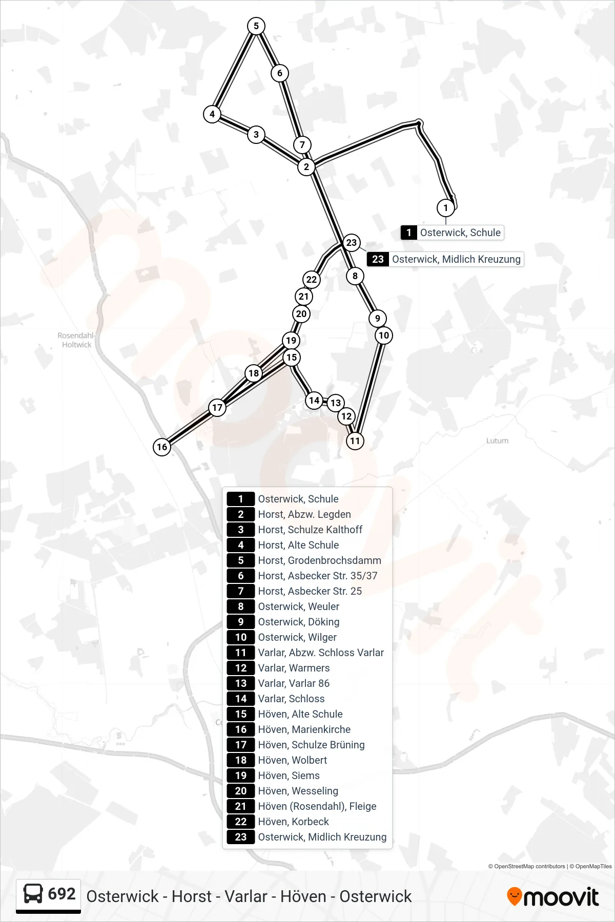 Linie 692 (Bus) Richtung Osterwick, Midlich Kreuzung: Route und Haltestellen auf der Karte