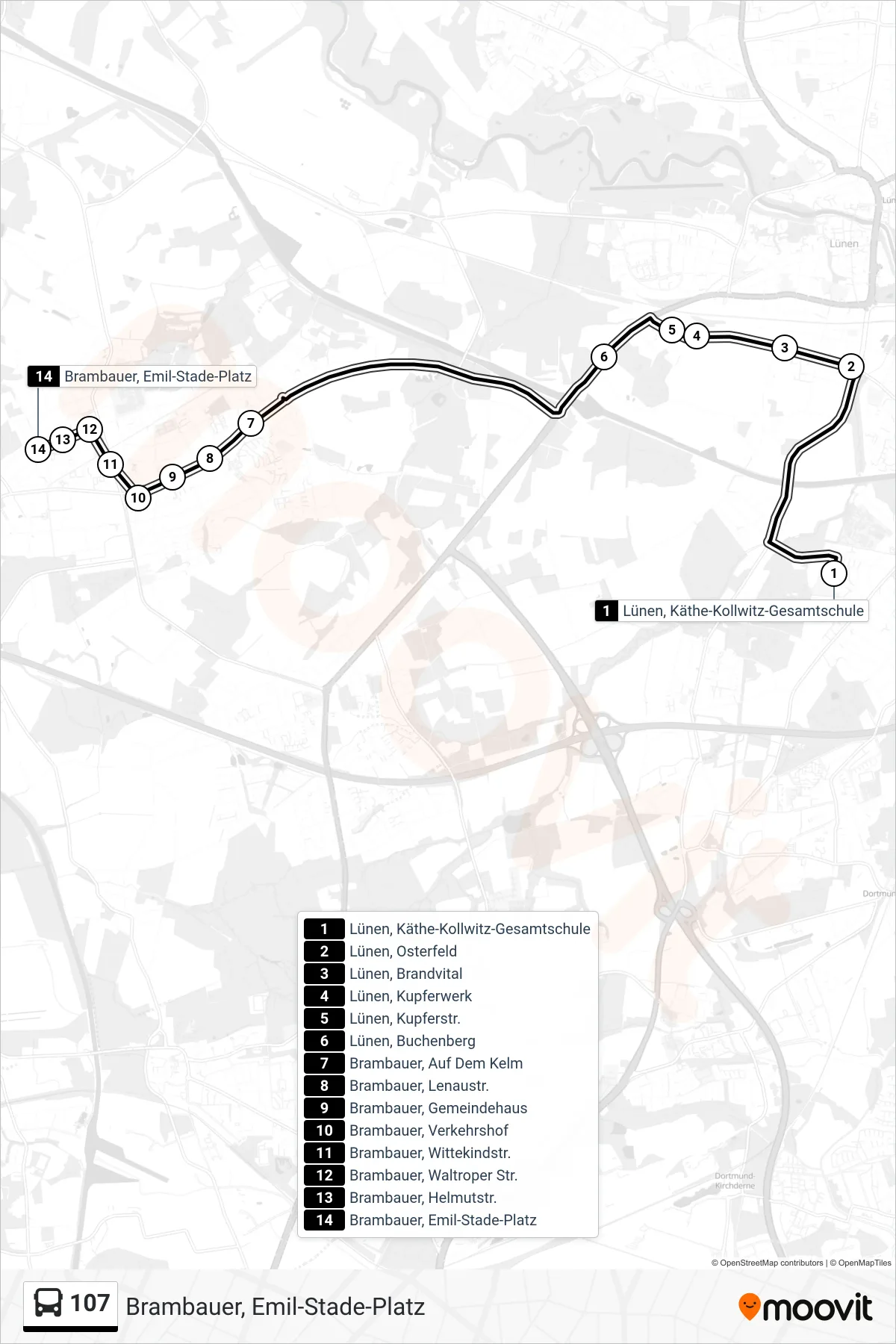 Linie 107 (Bus) Richtung Brambauer, Emil-Stade-Platz: Route und Haltestellen auf der Karte