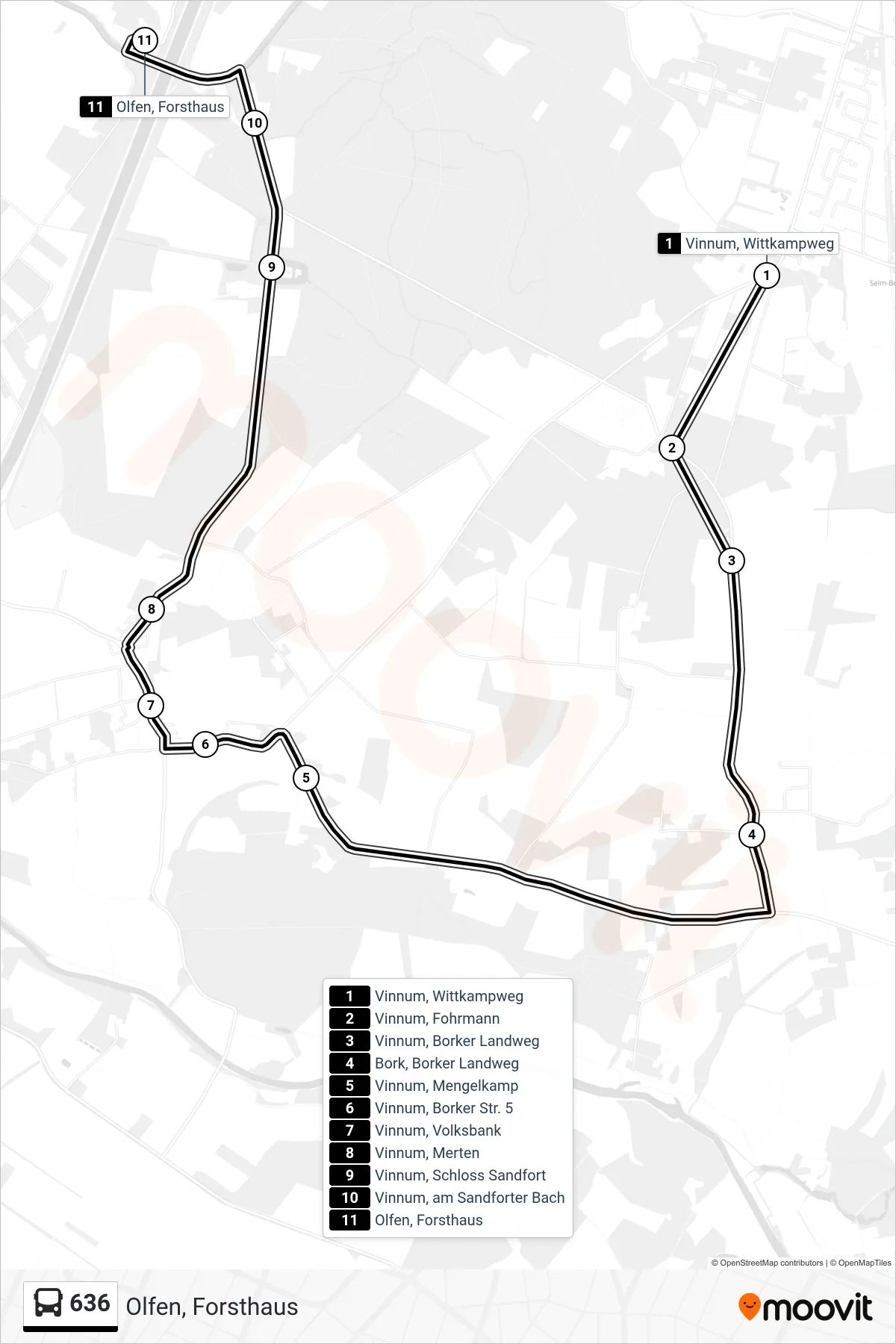 636 bus Line (Olfen, Forsthaus) route and stops on a map